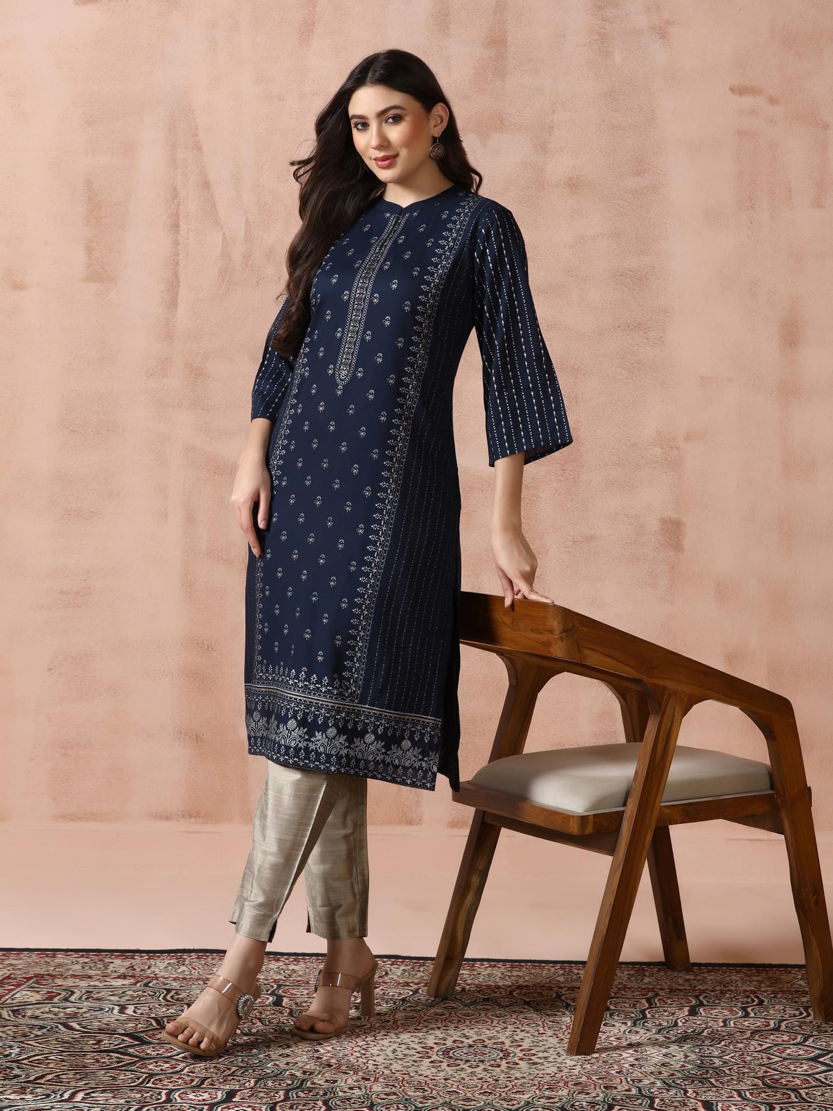 Women Liva Navy Blue Placement Print Kurta.