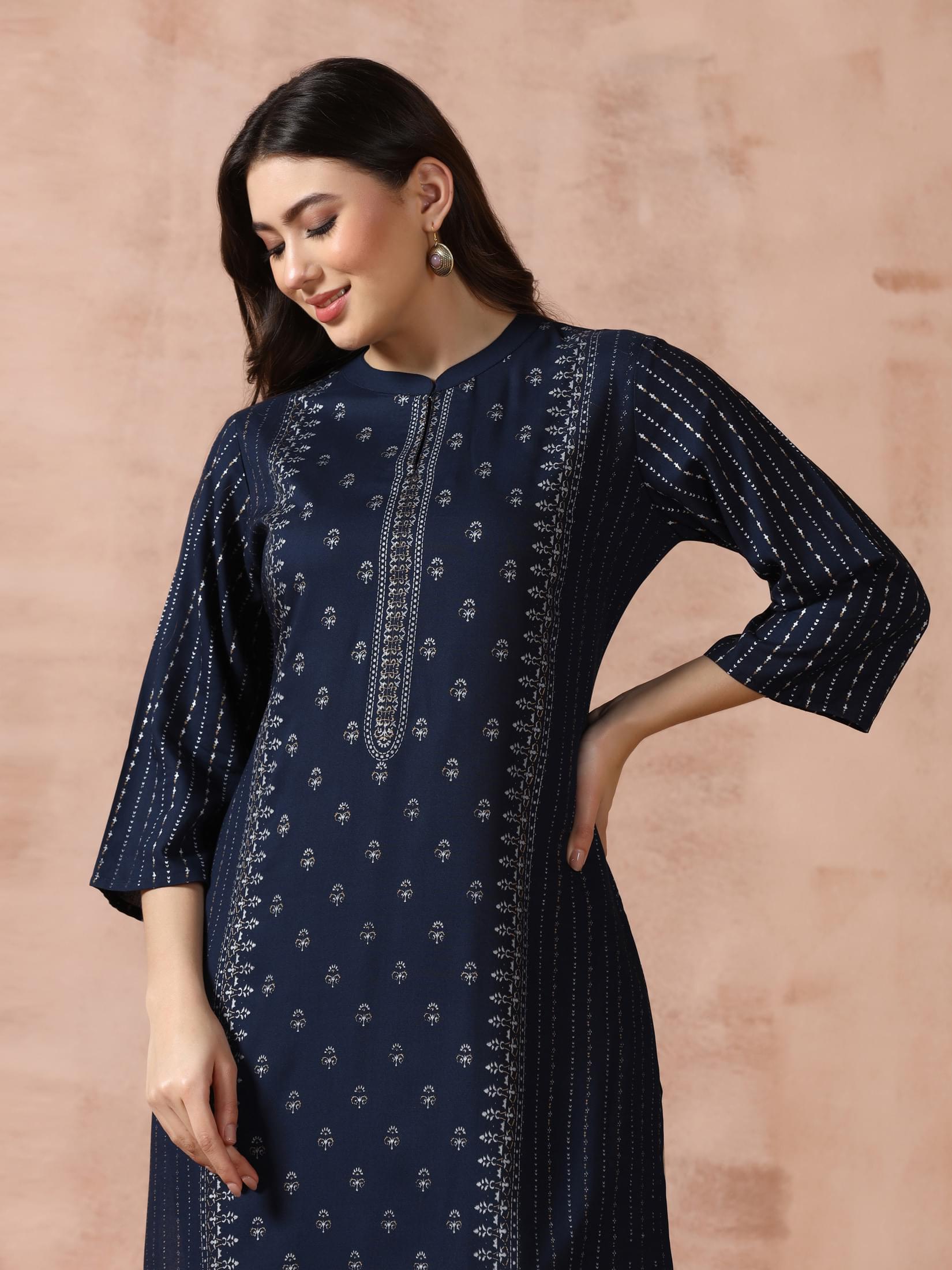 Women Liva Navy Blue Placement Print Kurta.