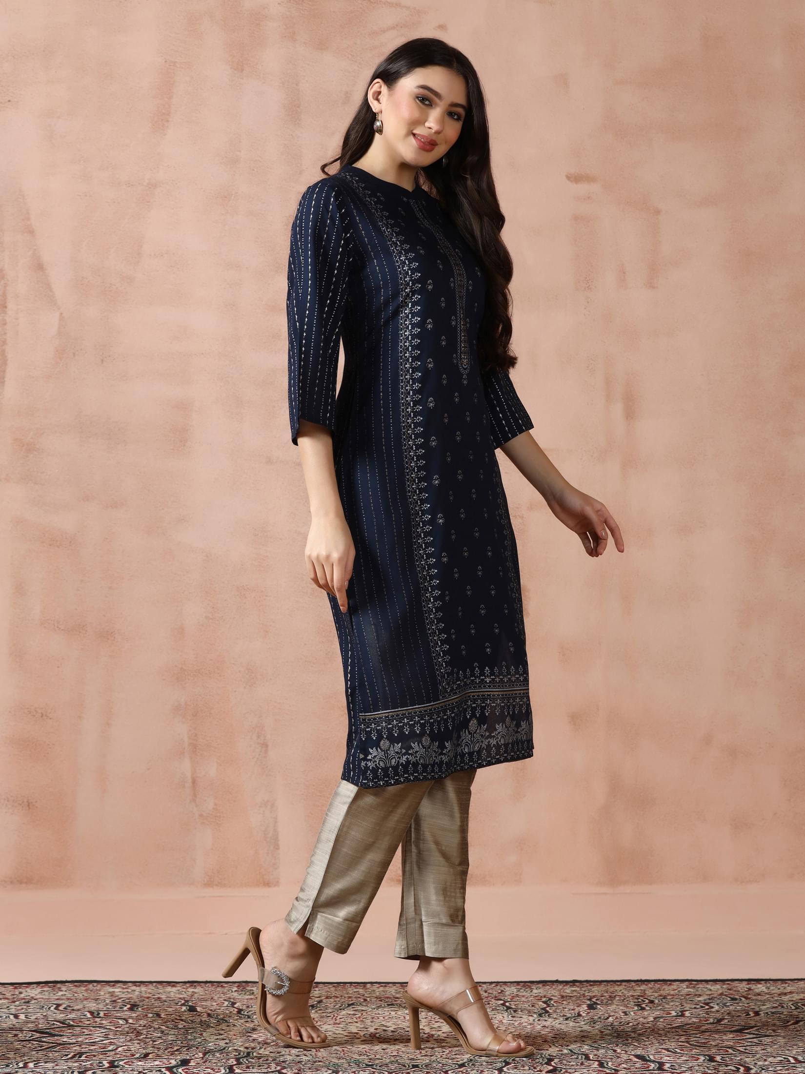 Women Liva Navy Blue Placement Print Kurta.