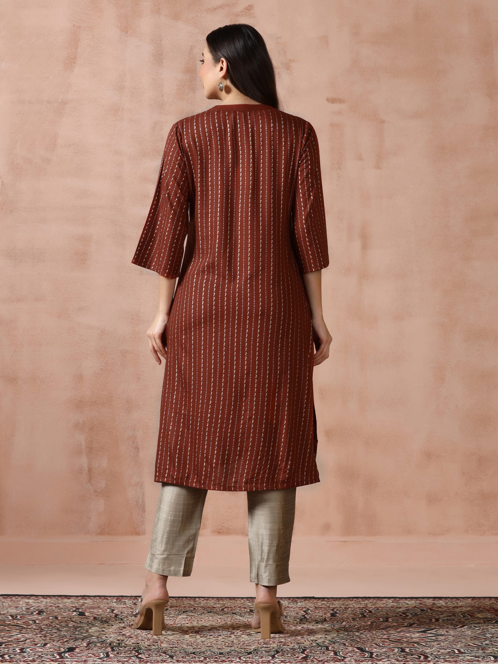 Women Liva Rust Placement Print Kurta