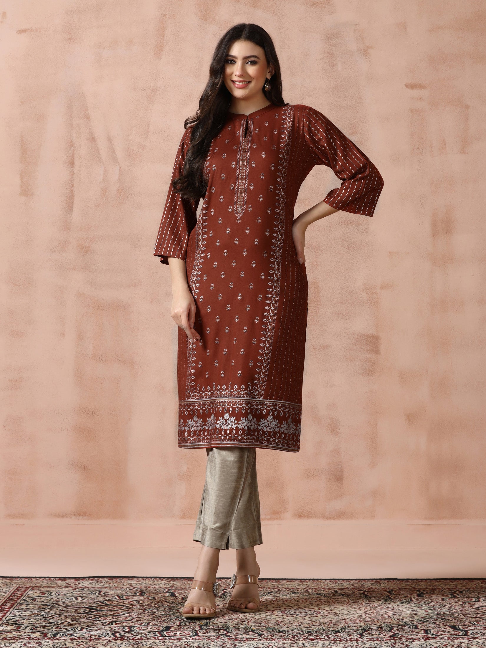 Women Liva Rust Placement Print Kurta