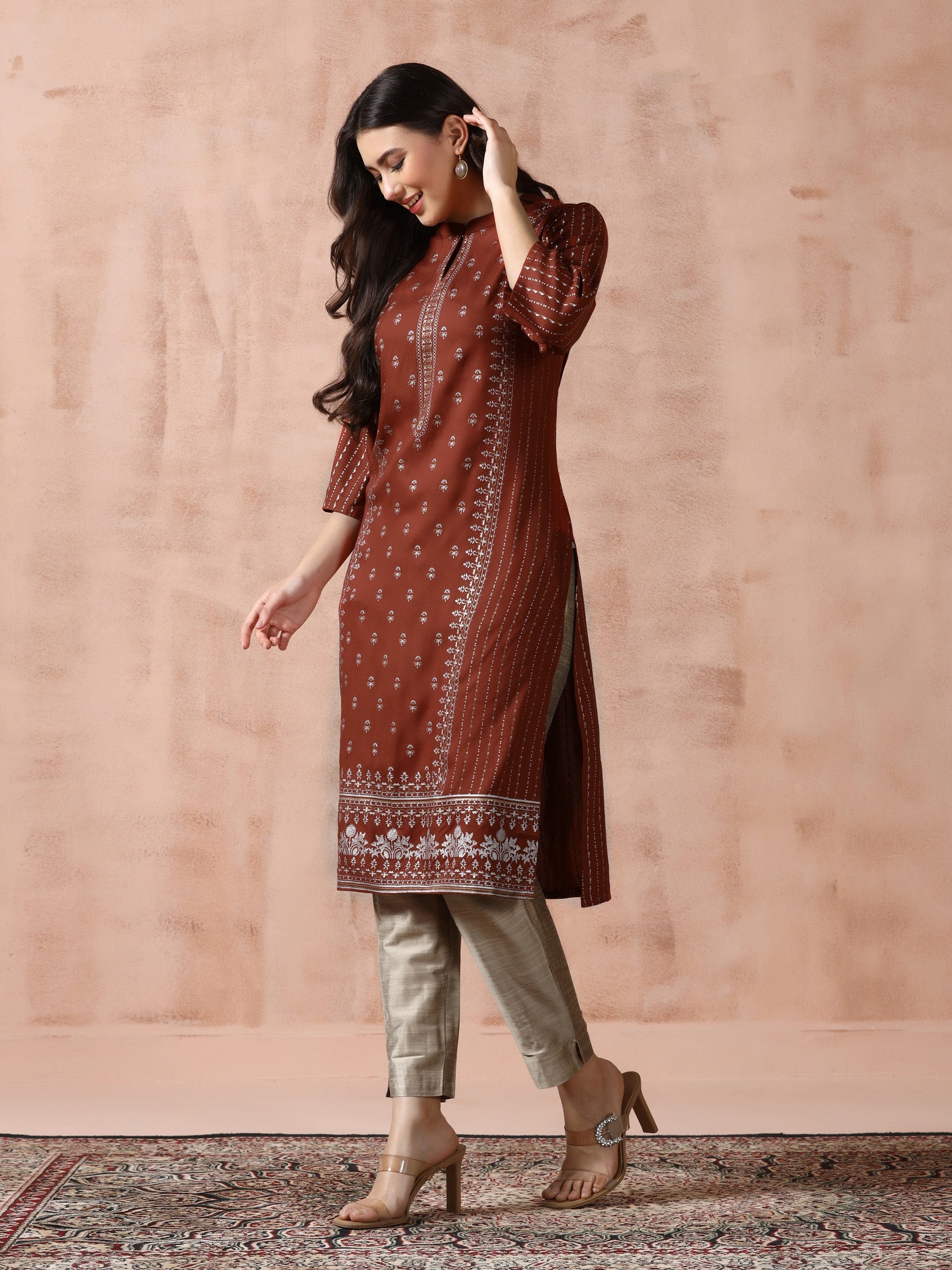 Women Liva Rust Placement Print Kurta