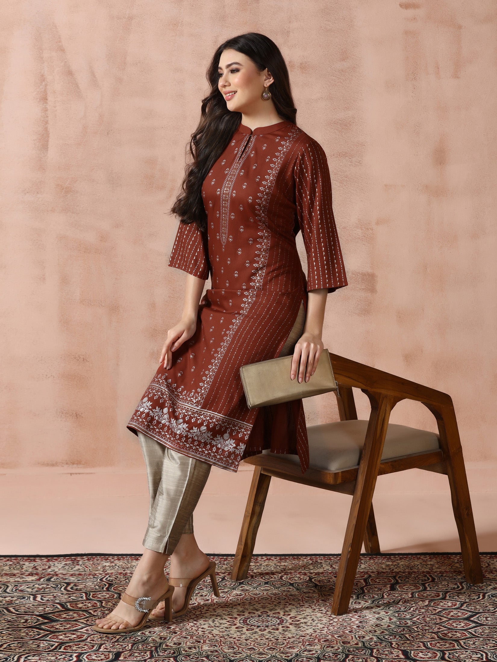 Women Liva Rust Placement Print Kurta