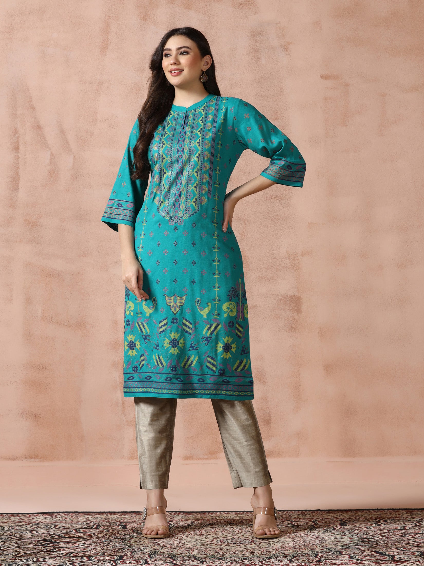 Women Liva Blue Placement Print Kurta