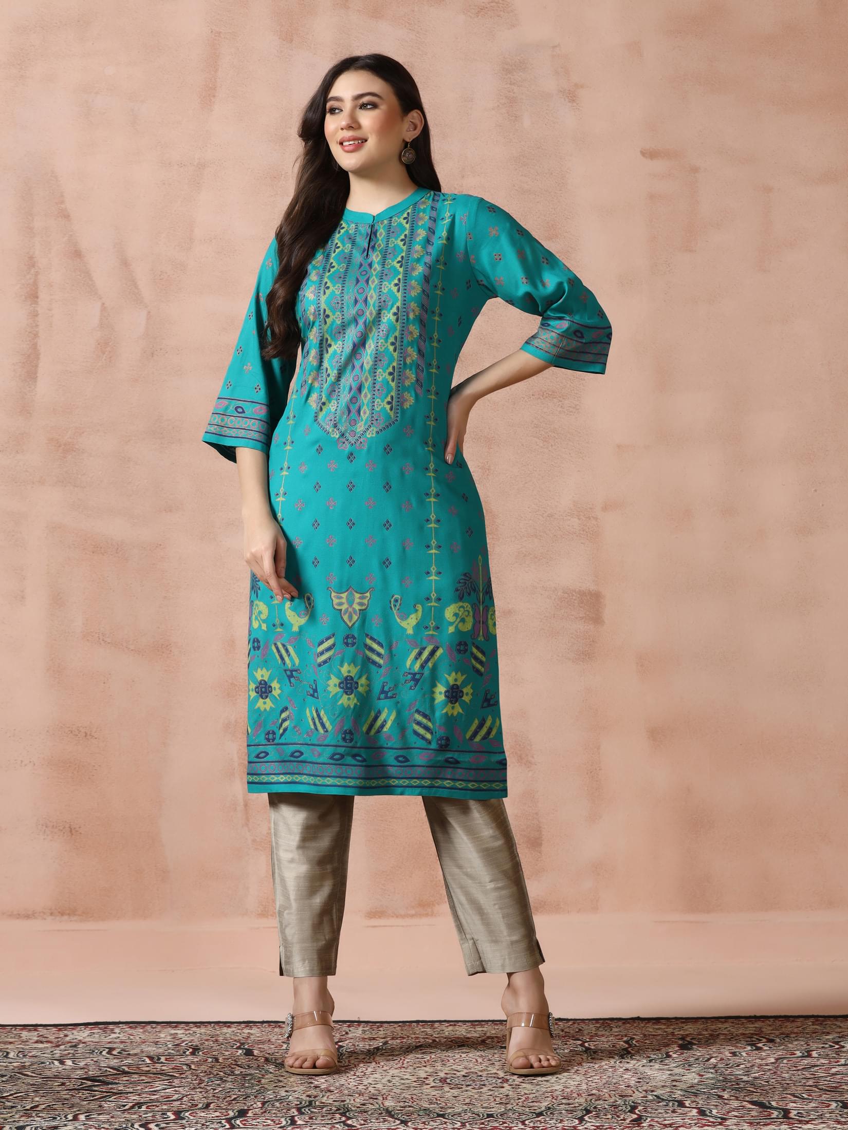 Women Liva Blue Placement Print Kurta.