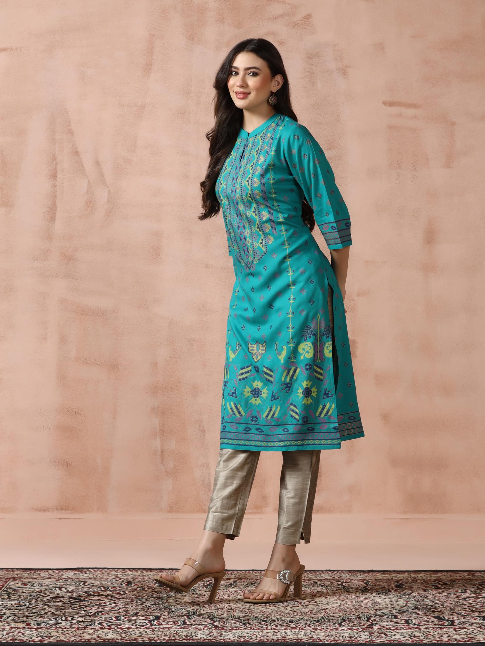 Women Liva Blue Placement Print Kurta.