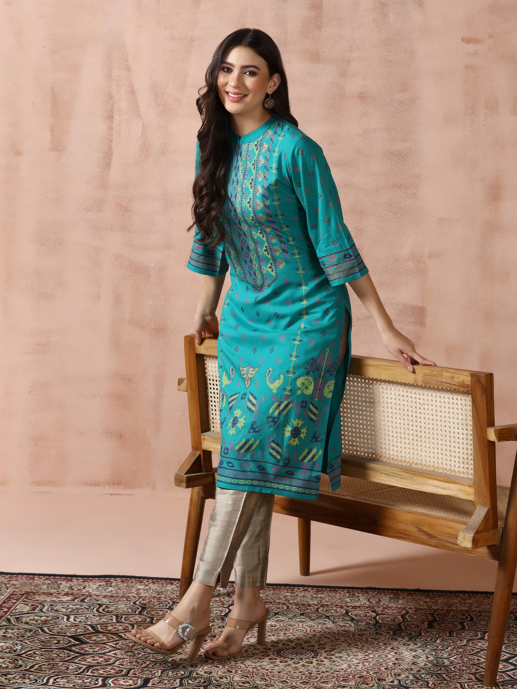 Women Liva Blue Placement Print Kurta