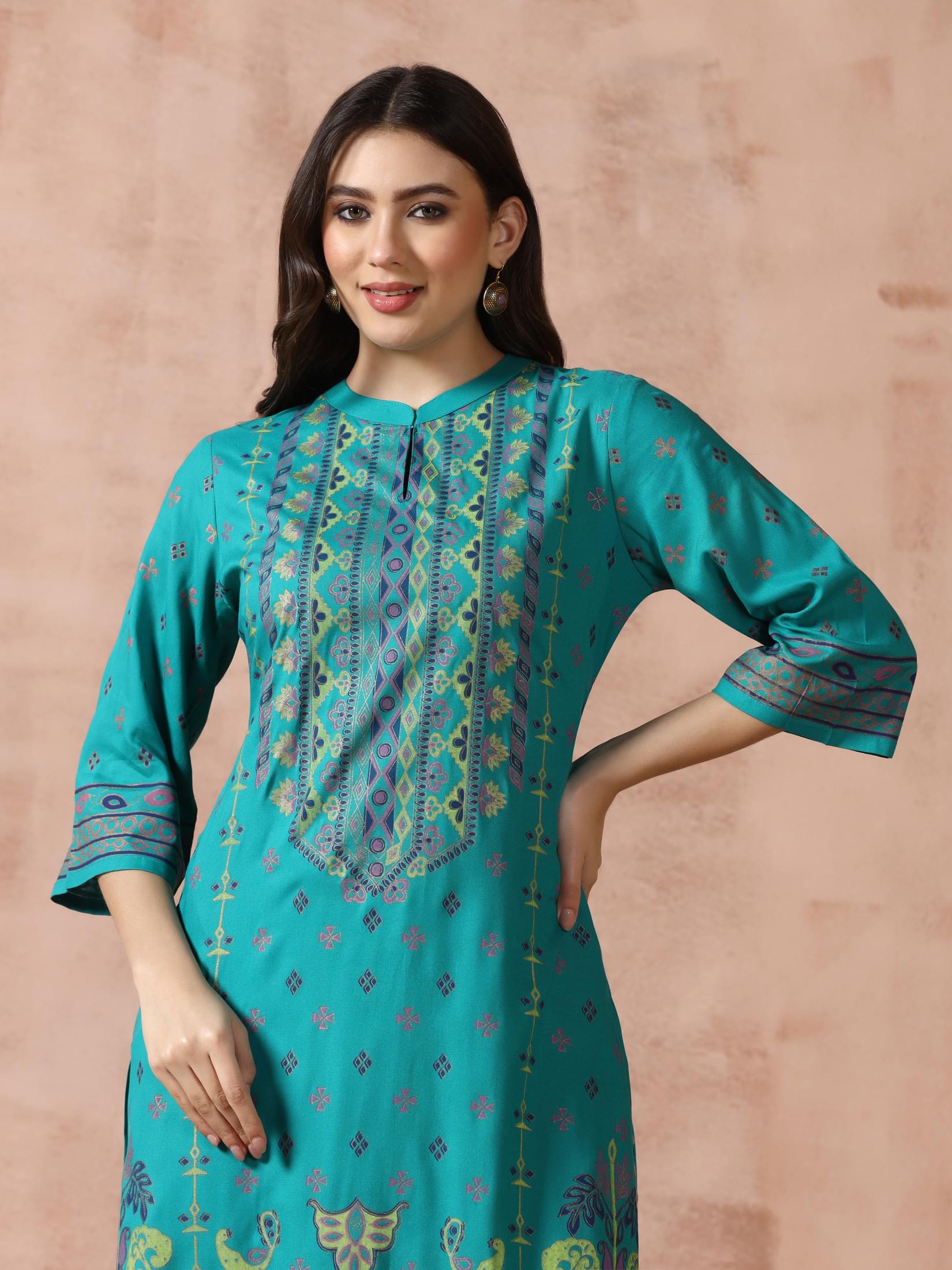 Women Liva Blue Placement Print Kurta.