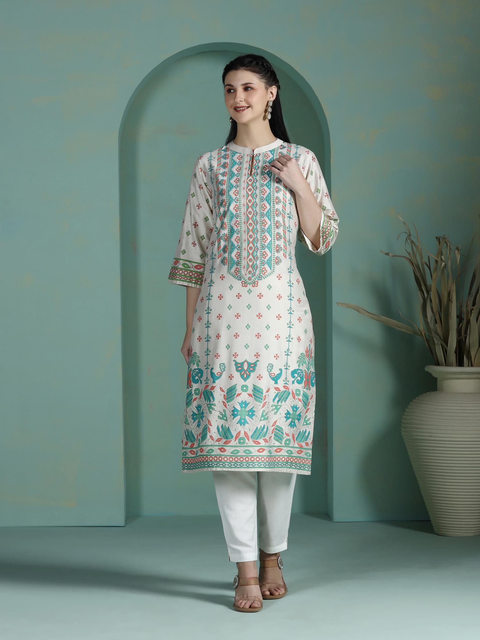 Women Liva Cream Placement Print Kurta.