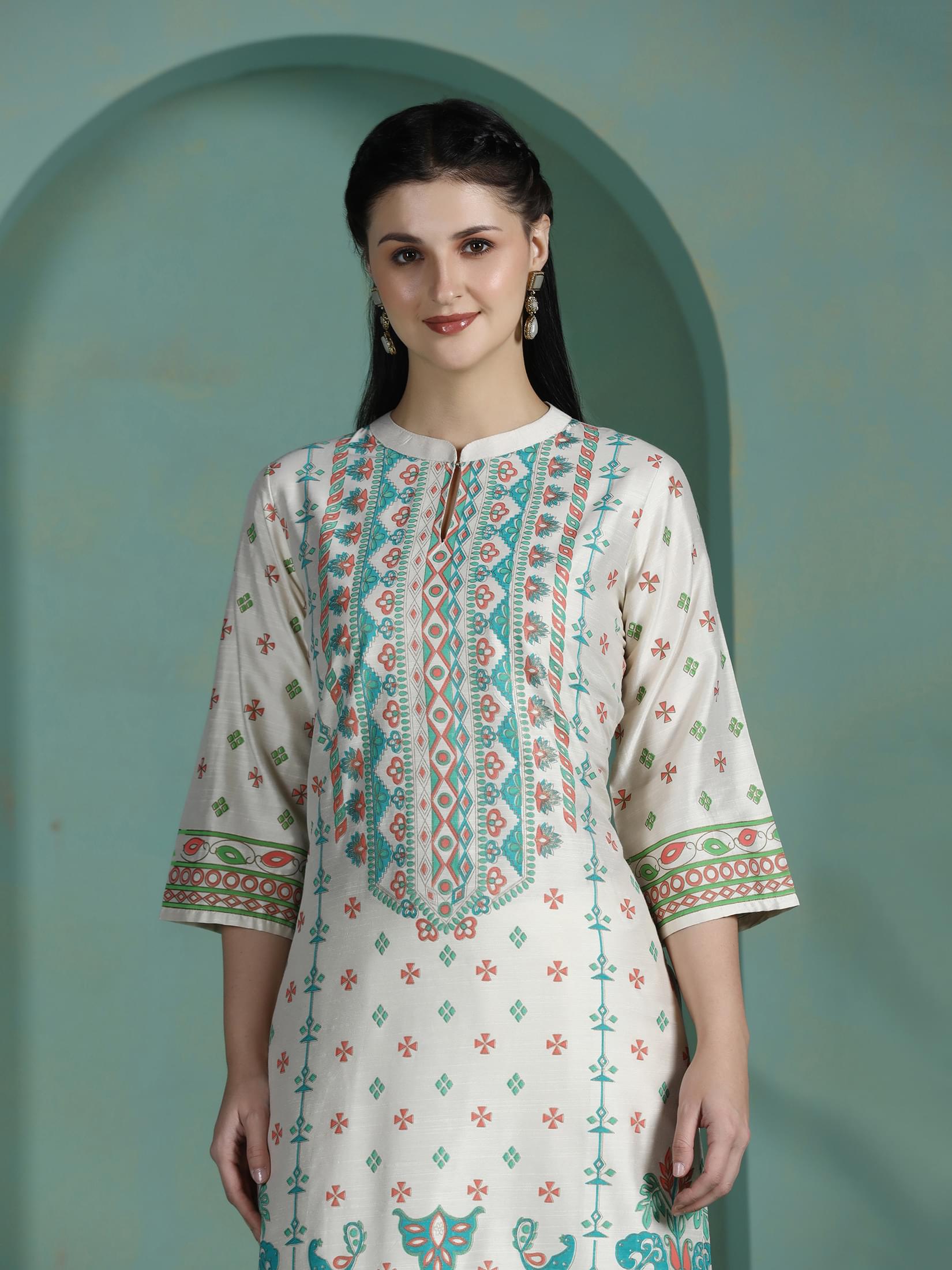 Women Liva Cream Placement Print Kurta.