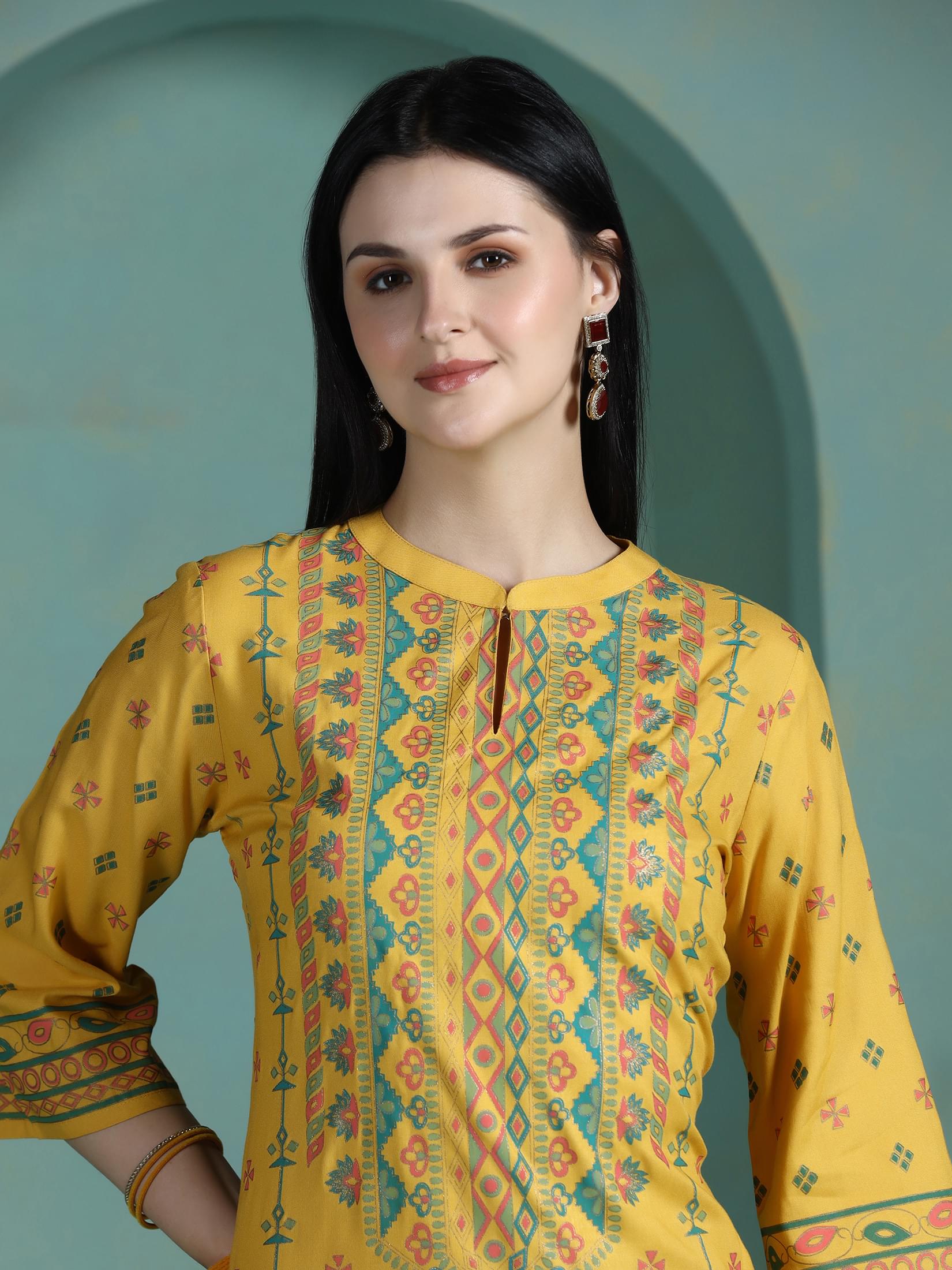 Women Liva Mustard Placement Print Kurta.