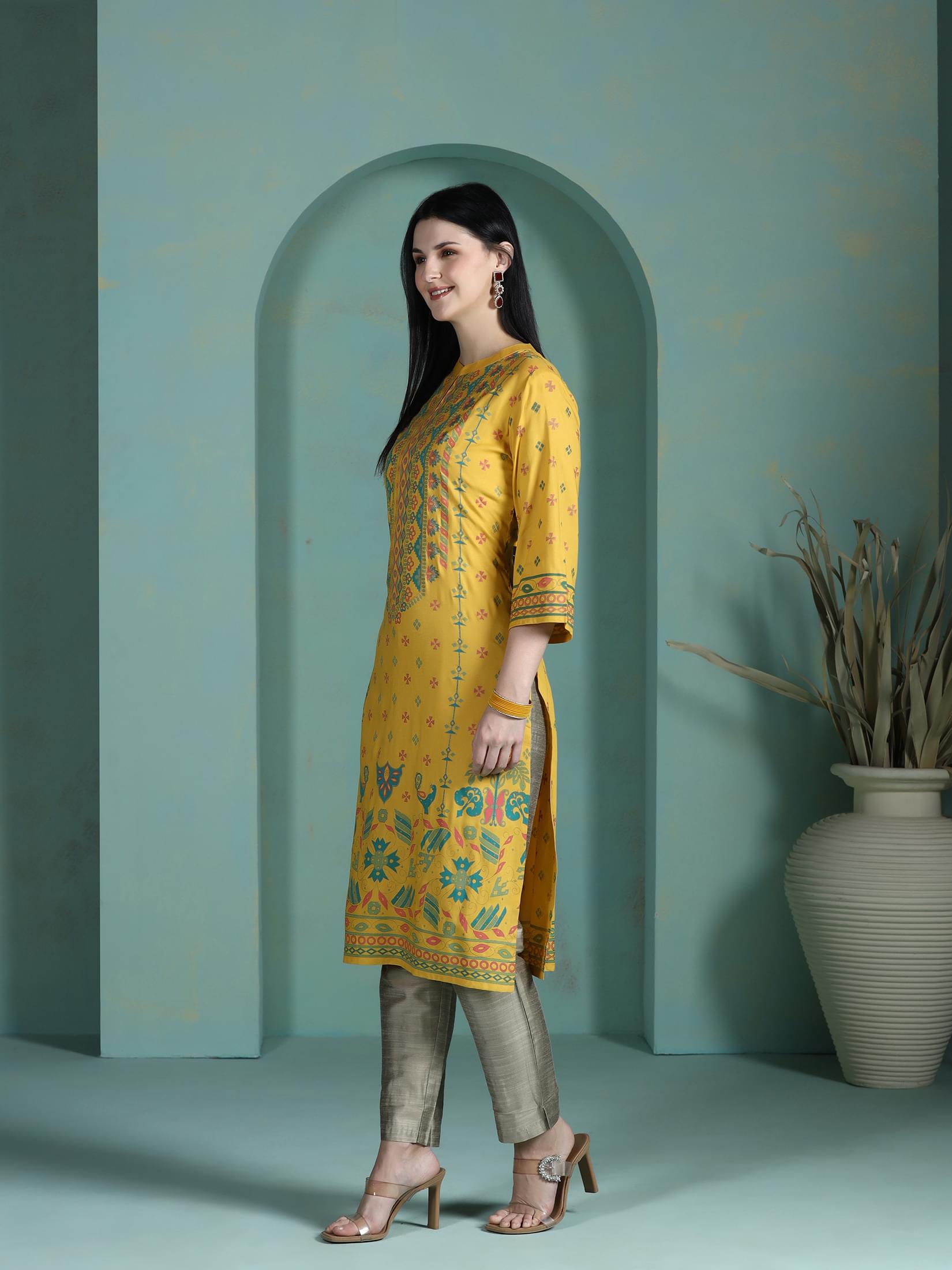 Women Liva Mustard Placement Print Kurta.