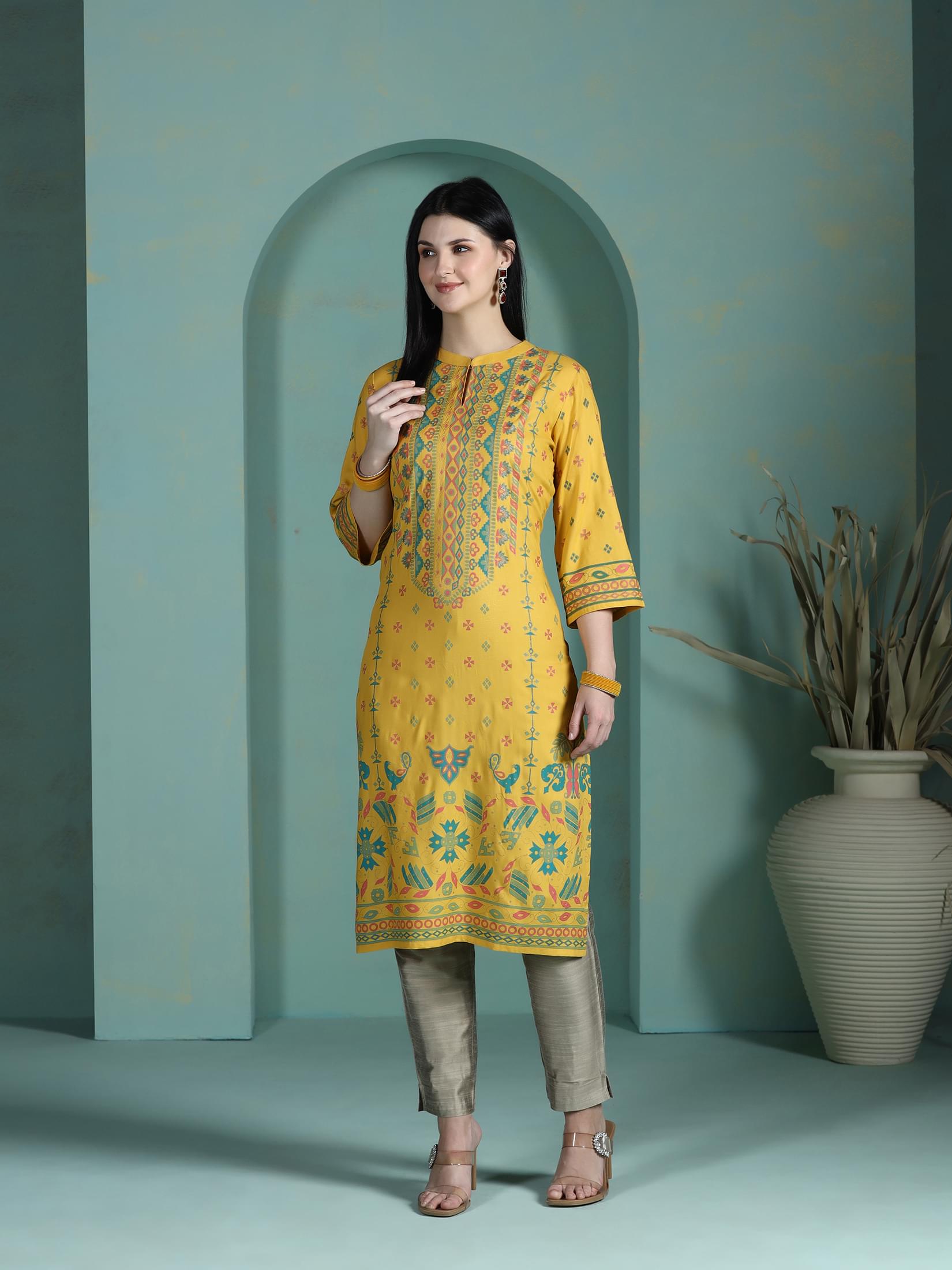Women Liva Mustard Placement Print Kurta.