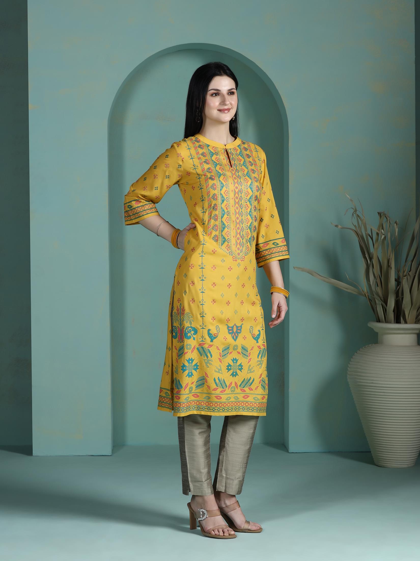 Women Liva Mustard Placement Print Kurta.