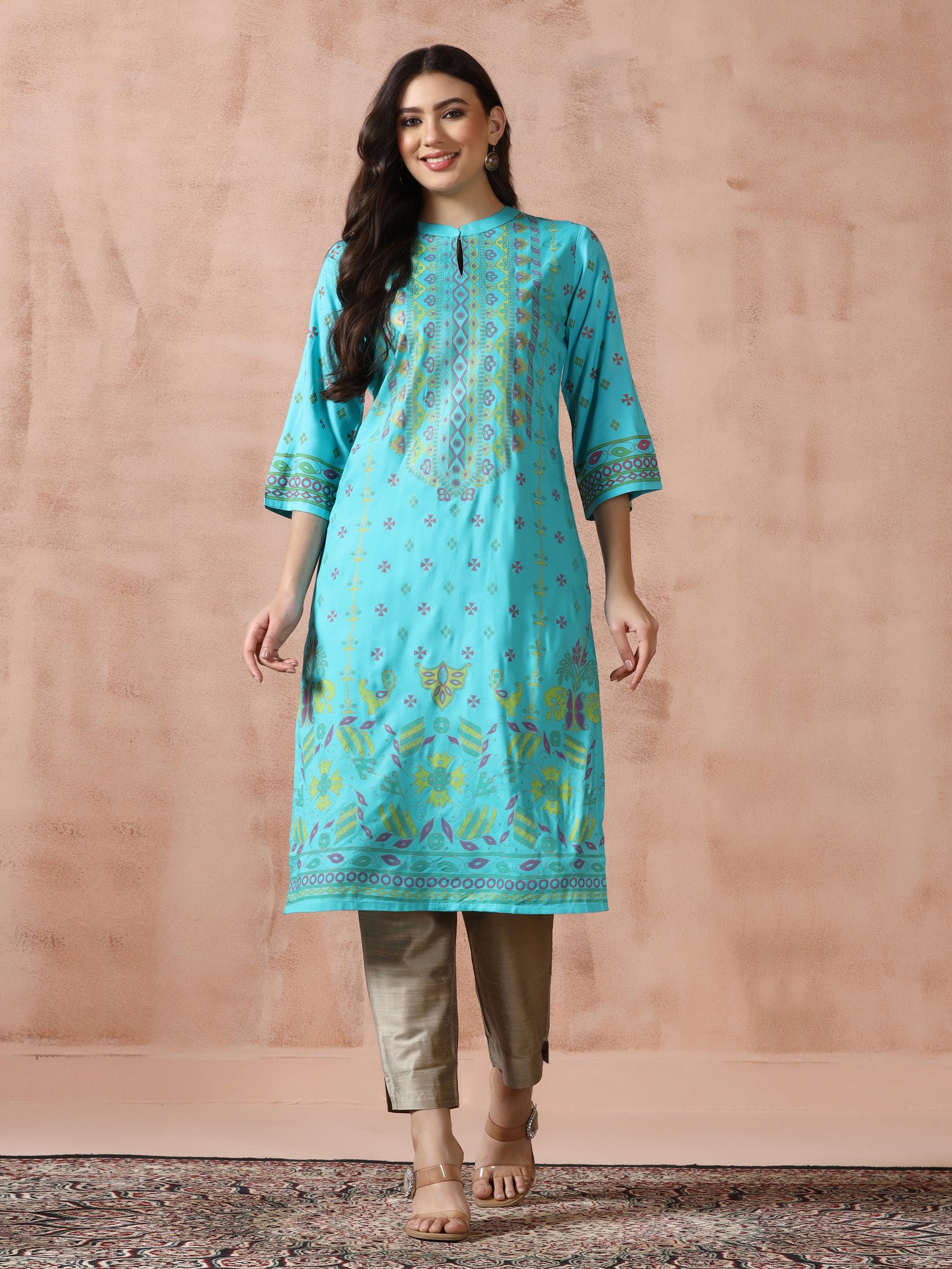 Women Liva Turquoise Blue Placement Print Kurta