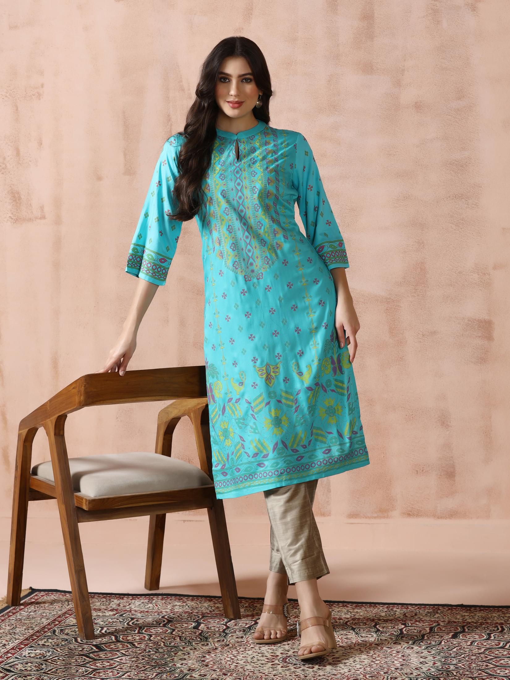 Women Liva Turquoise Blue Placement Print Kurta.