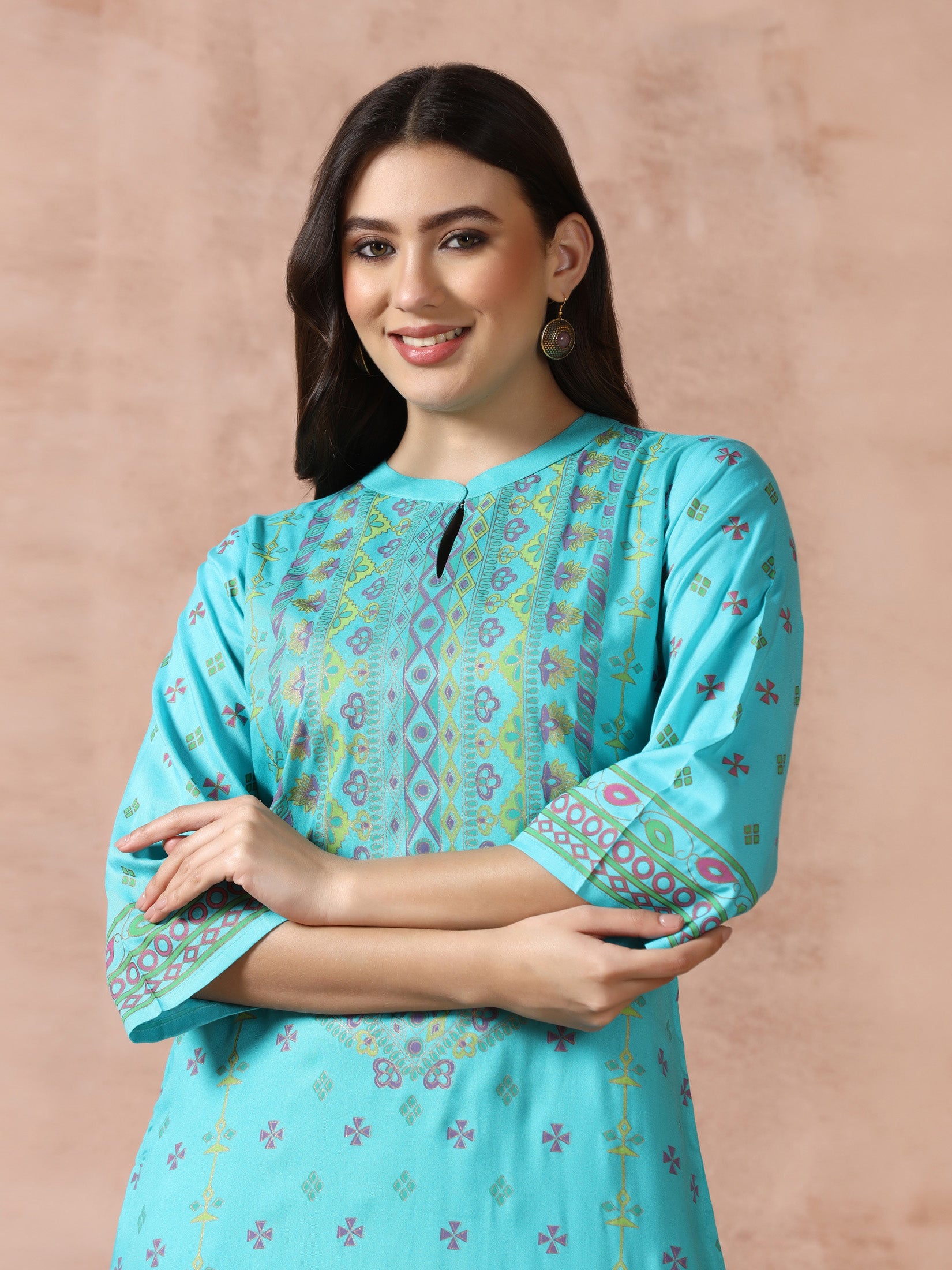 Women Liva Turquoise Blue Placement Print Kurta