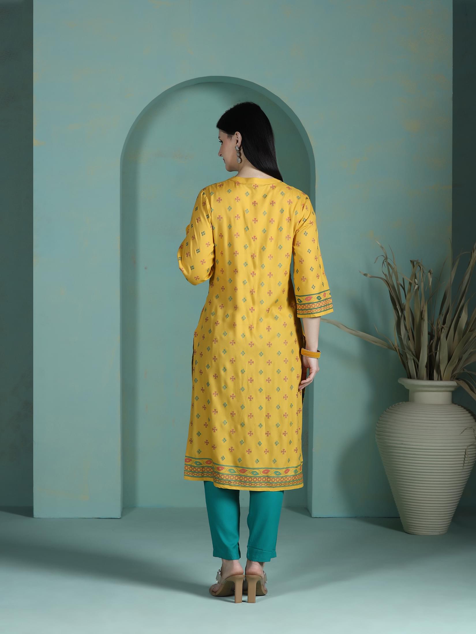 Women Liva Yellow Placement Print Kurta.