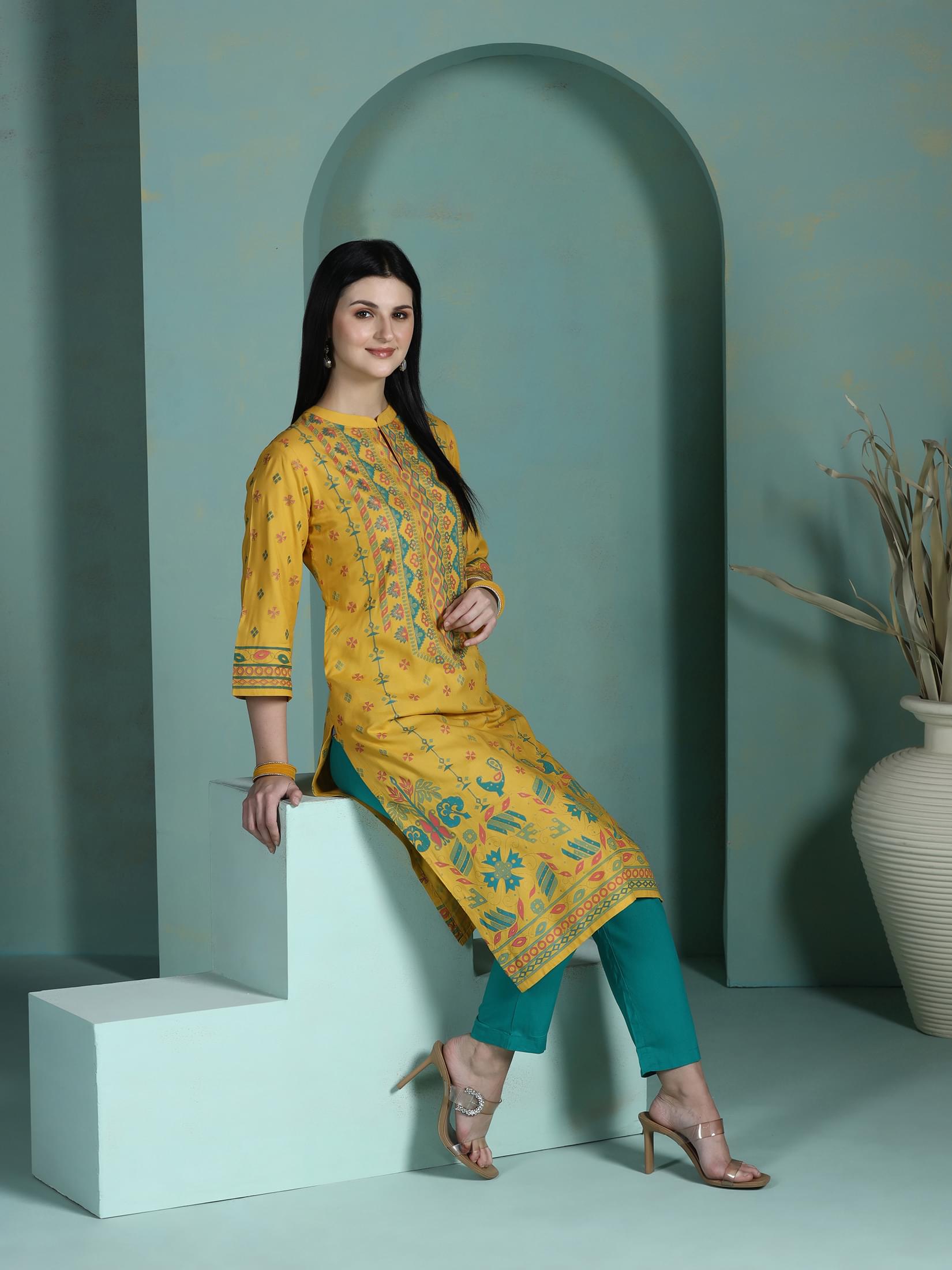 Golden yellow placement print Liva regular fit standalone casual kurta