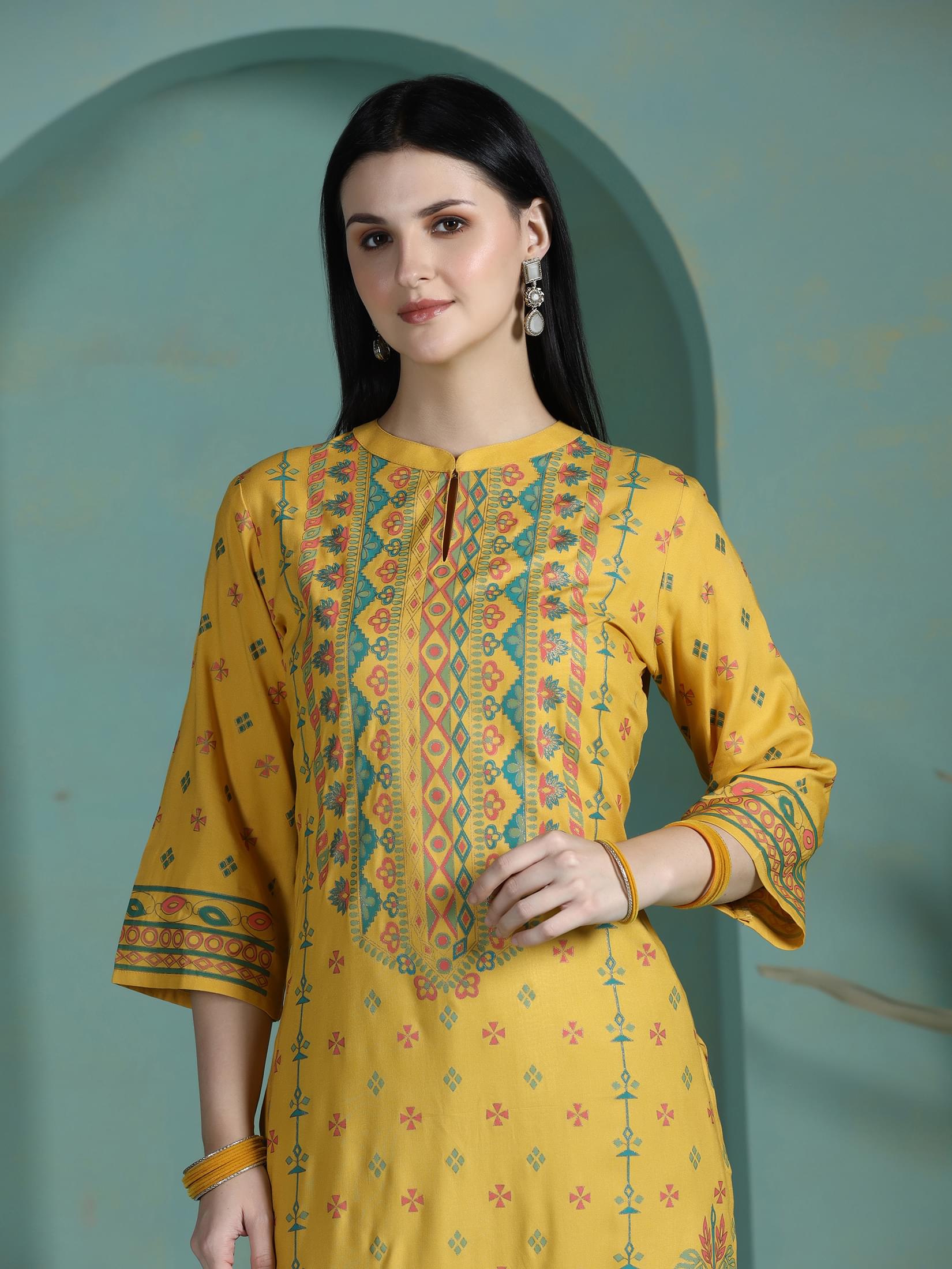 Women Liva Yellow Placement Print Kurta.