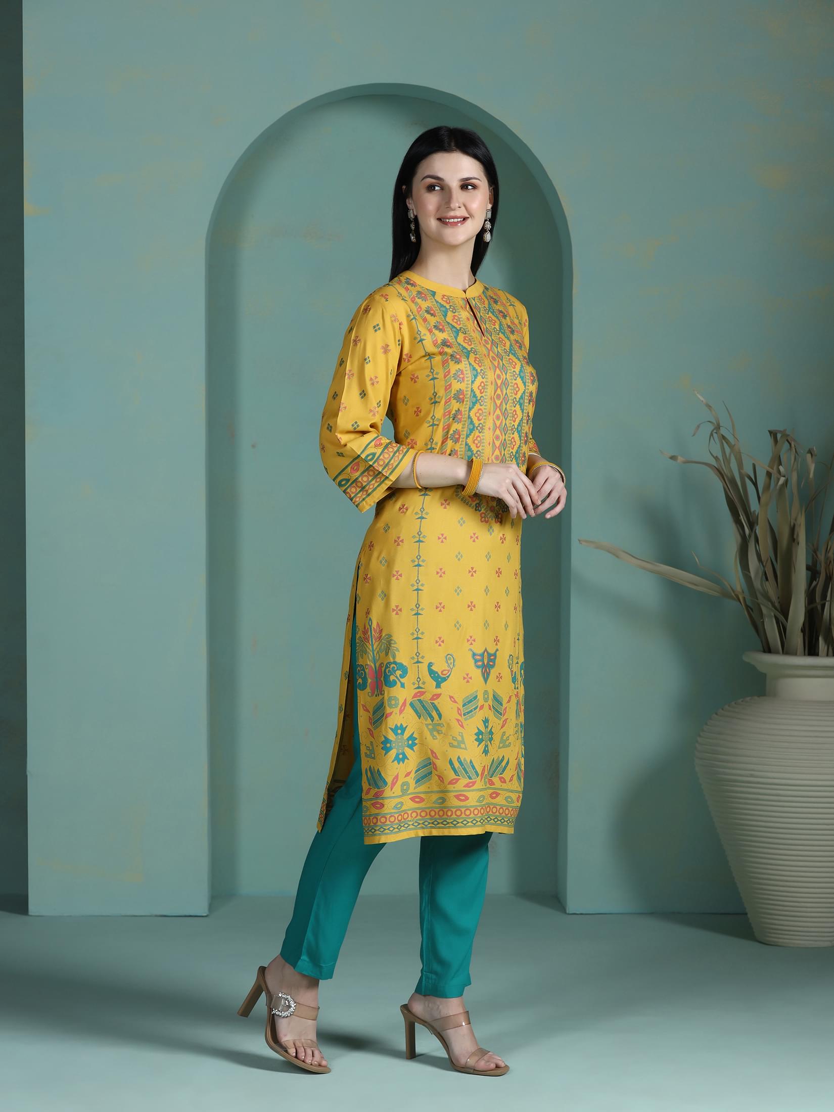 Women Liva Yellow Placement Print Kurta.