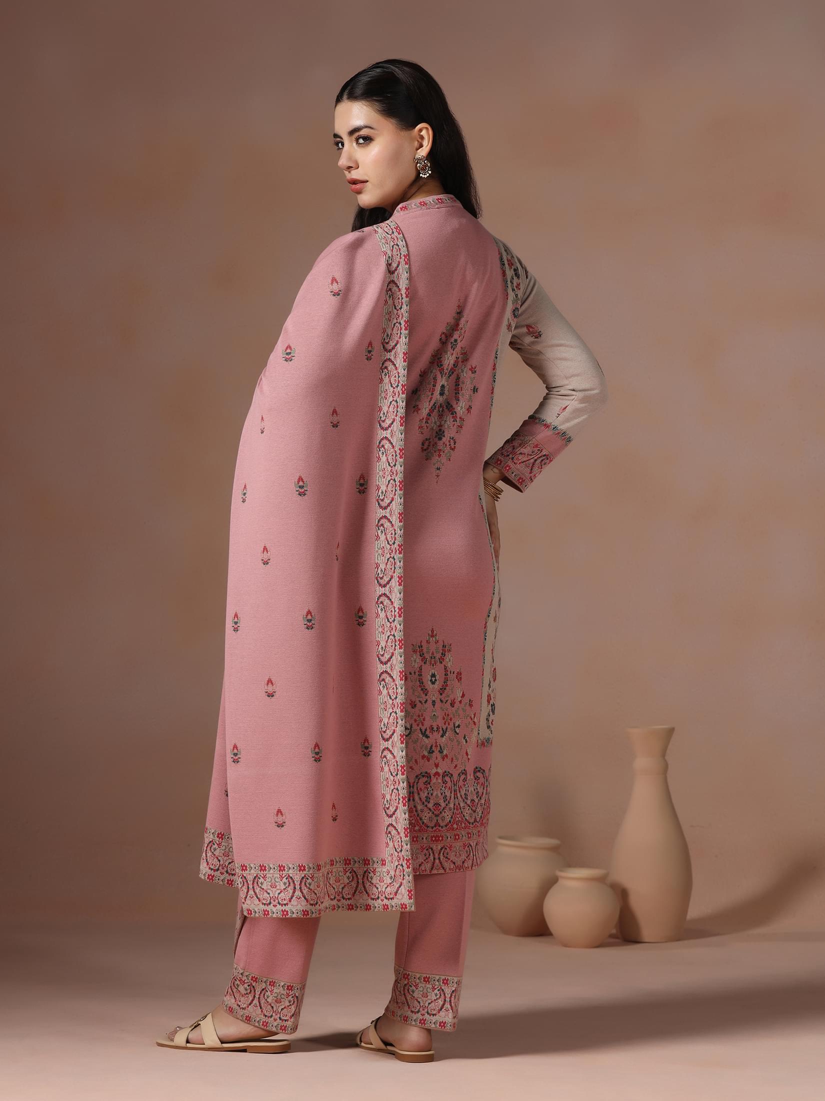 Winter Women Wool Blend Pink Jacquard Kurta Comfort Pant Dupatta.