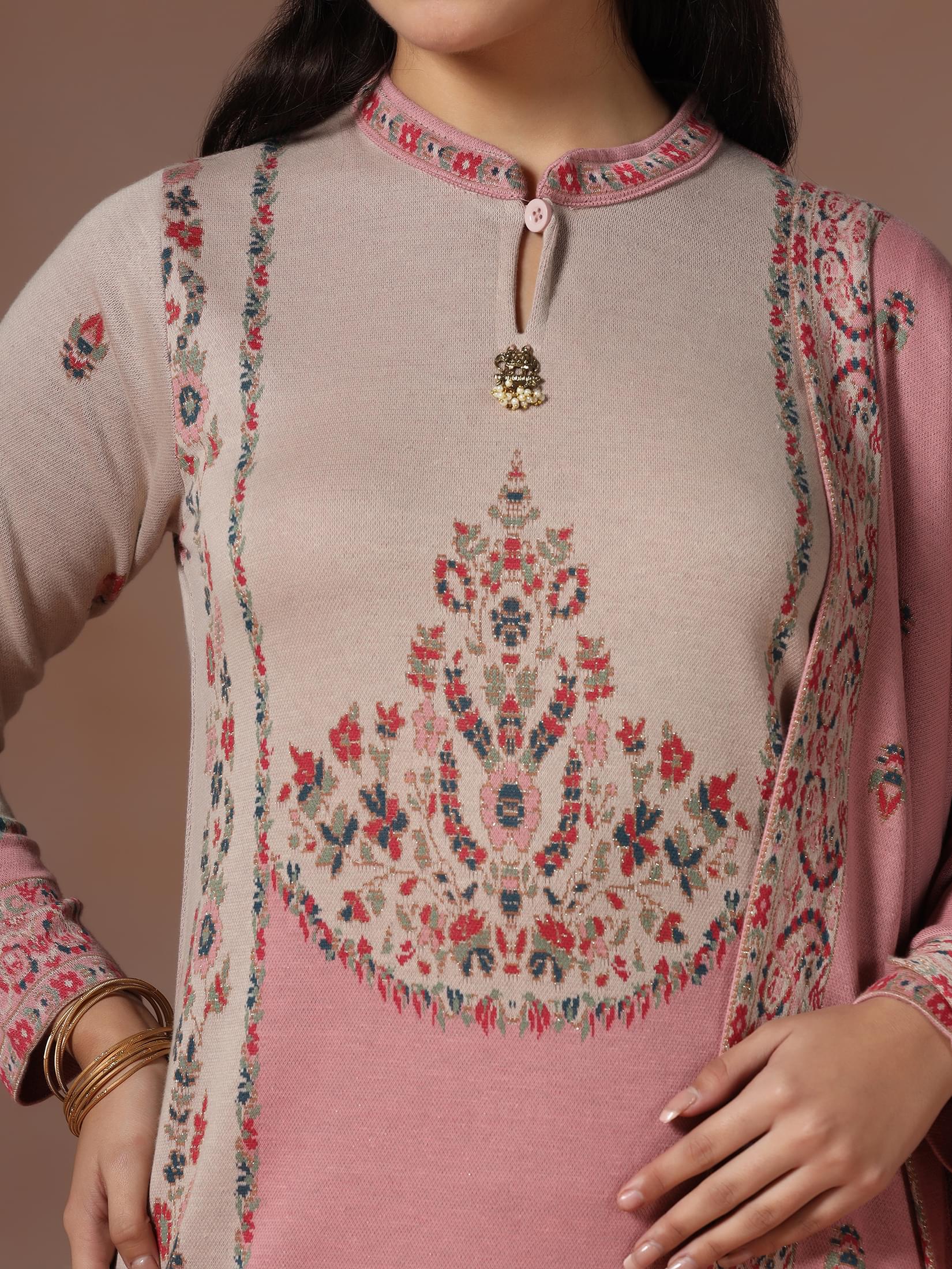 Winter Women Wool Blend Pink Jacquard Kurta Comfort Pant Dupatta.