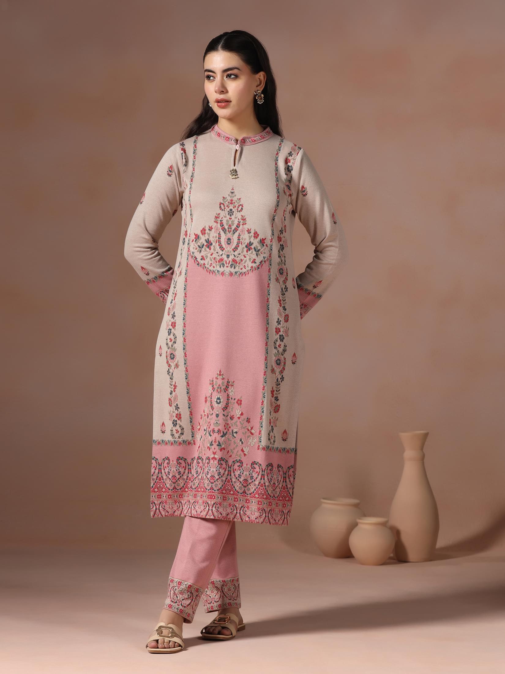 Winter Women Wool Blend Pink Jacquard Kurta Comfort Pant Dupatta.
