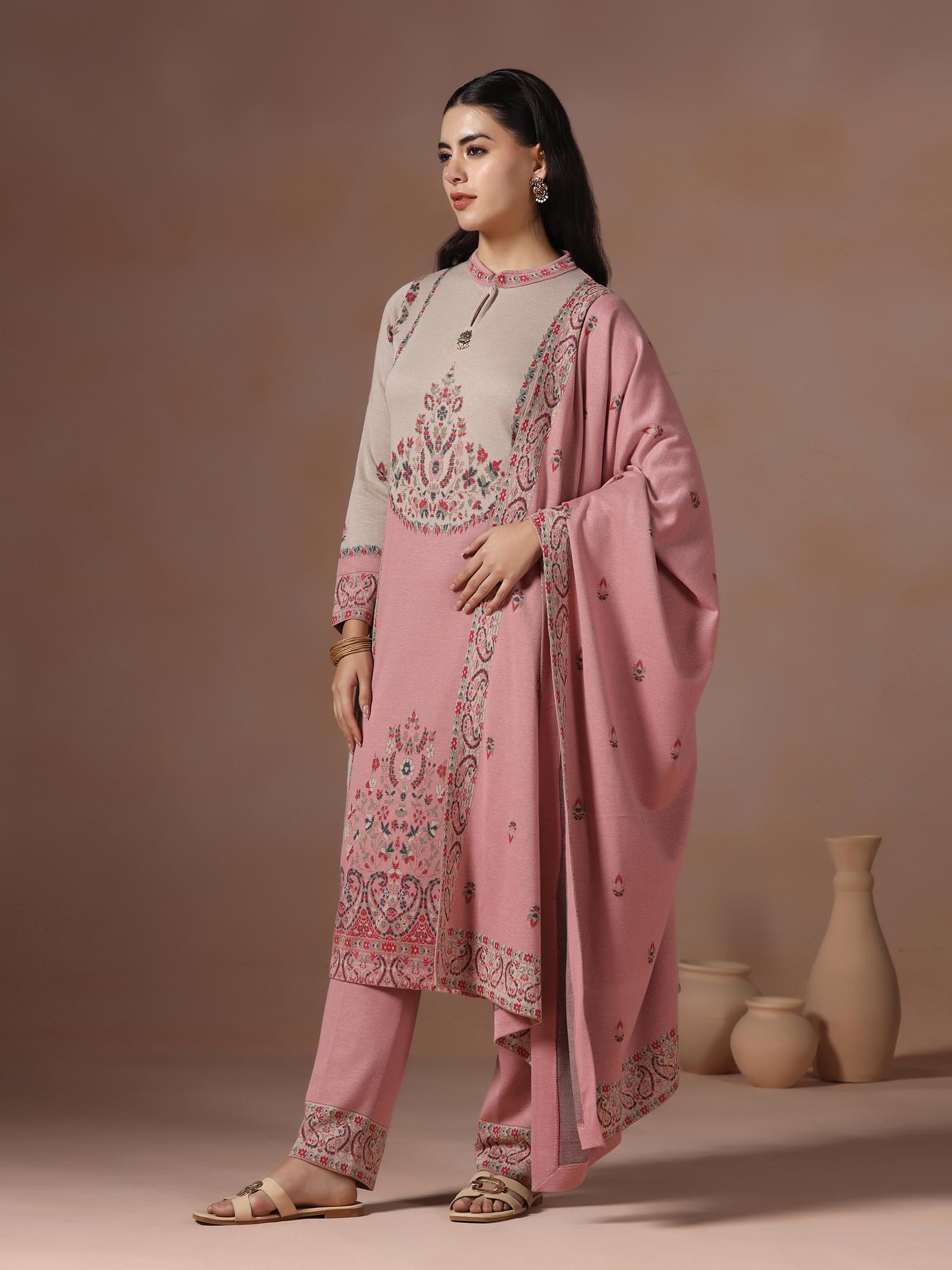 Winter Women Wool Blend Pink Jacquard Kurta Comfort Pant Dupatta.