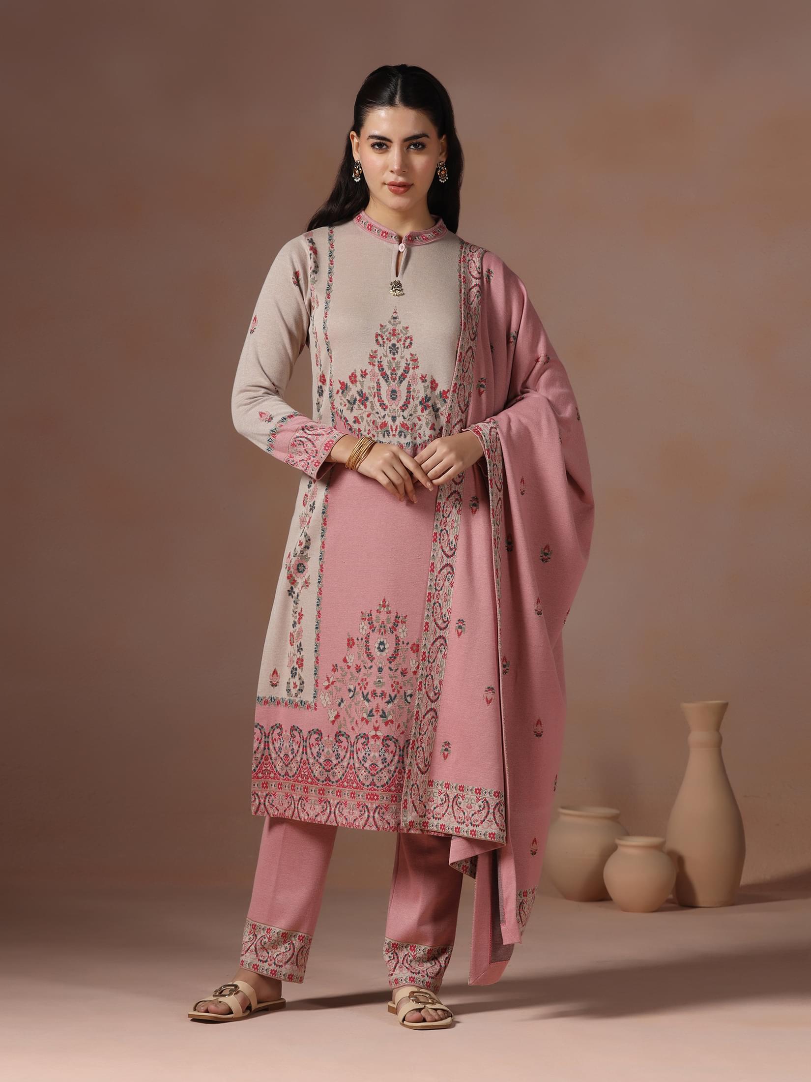 Winter Women Wool Blend Pink Jacquard Kurta Comfort Pant Dupatta.