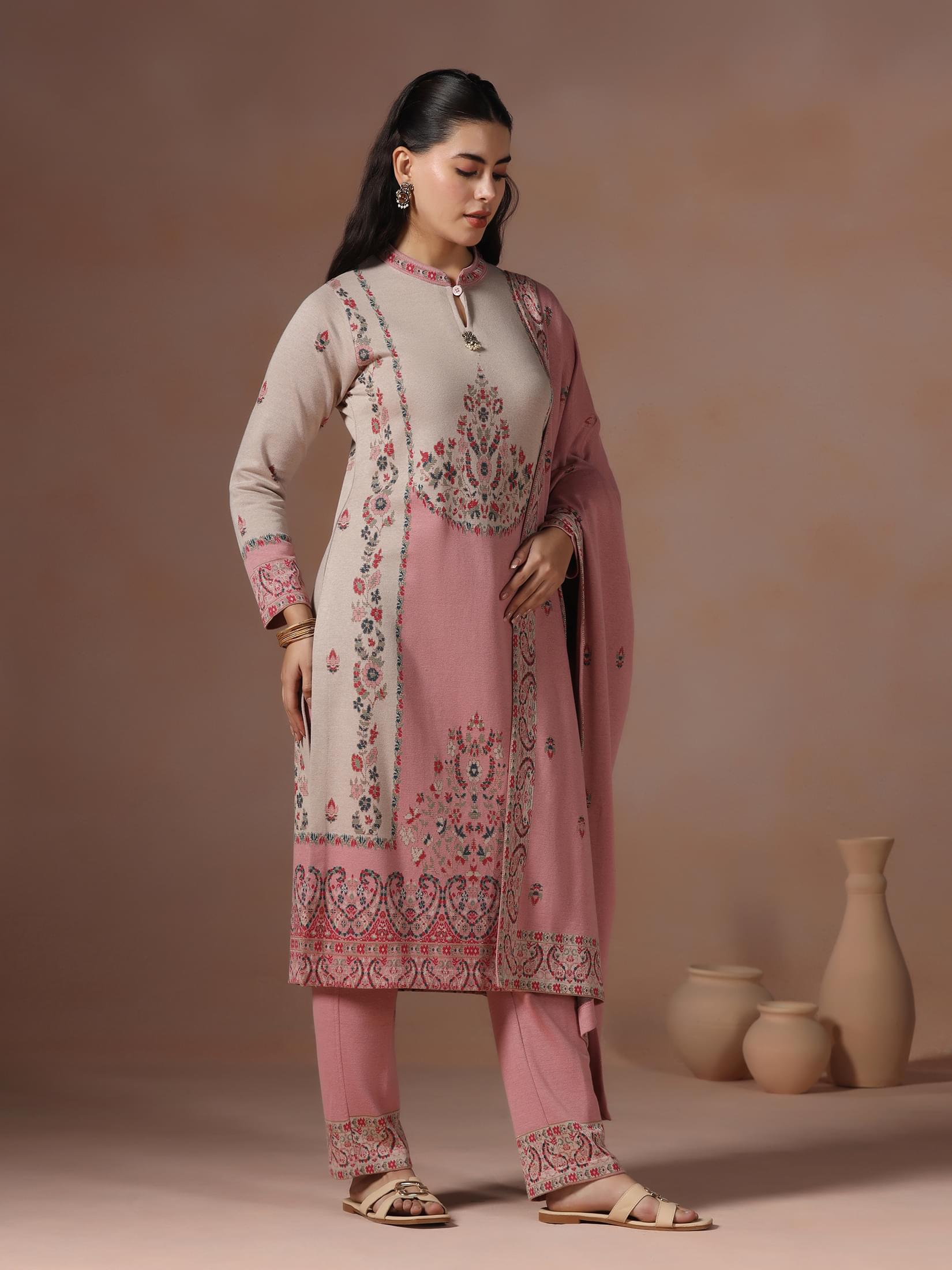Winter Women Wool Blend Pink Jacquard Kurta Comfort Pant Dupatta.