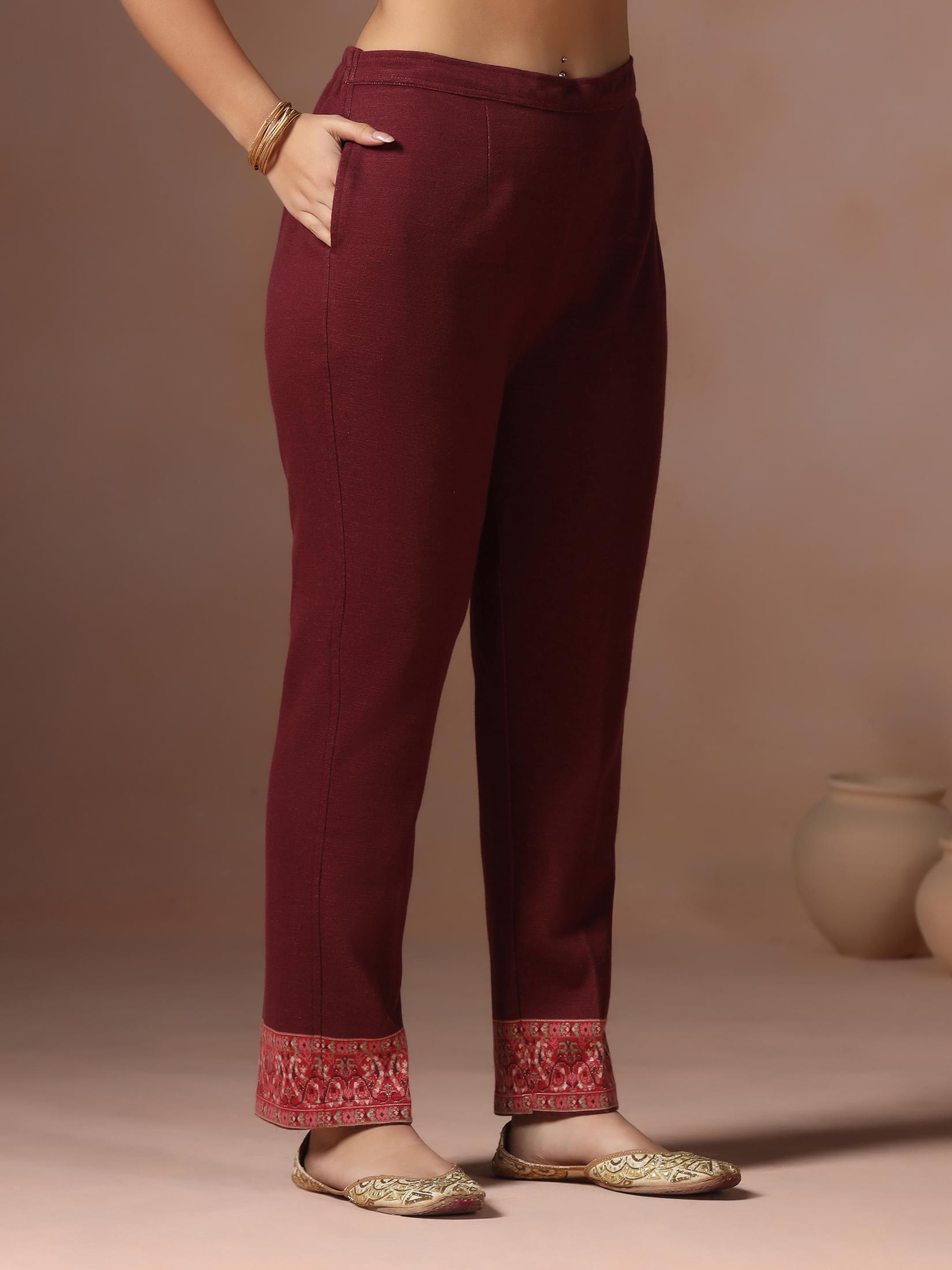 Winter Women Wool Blend Red & Maroon Jacquard Kurta Comfort Pant Dupatta.