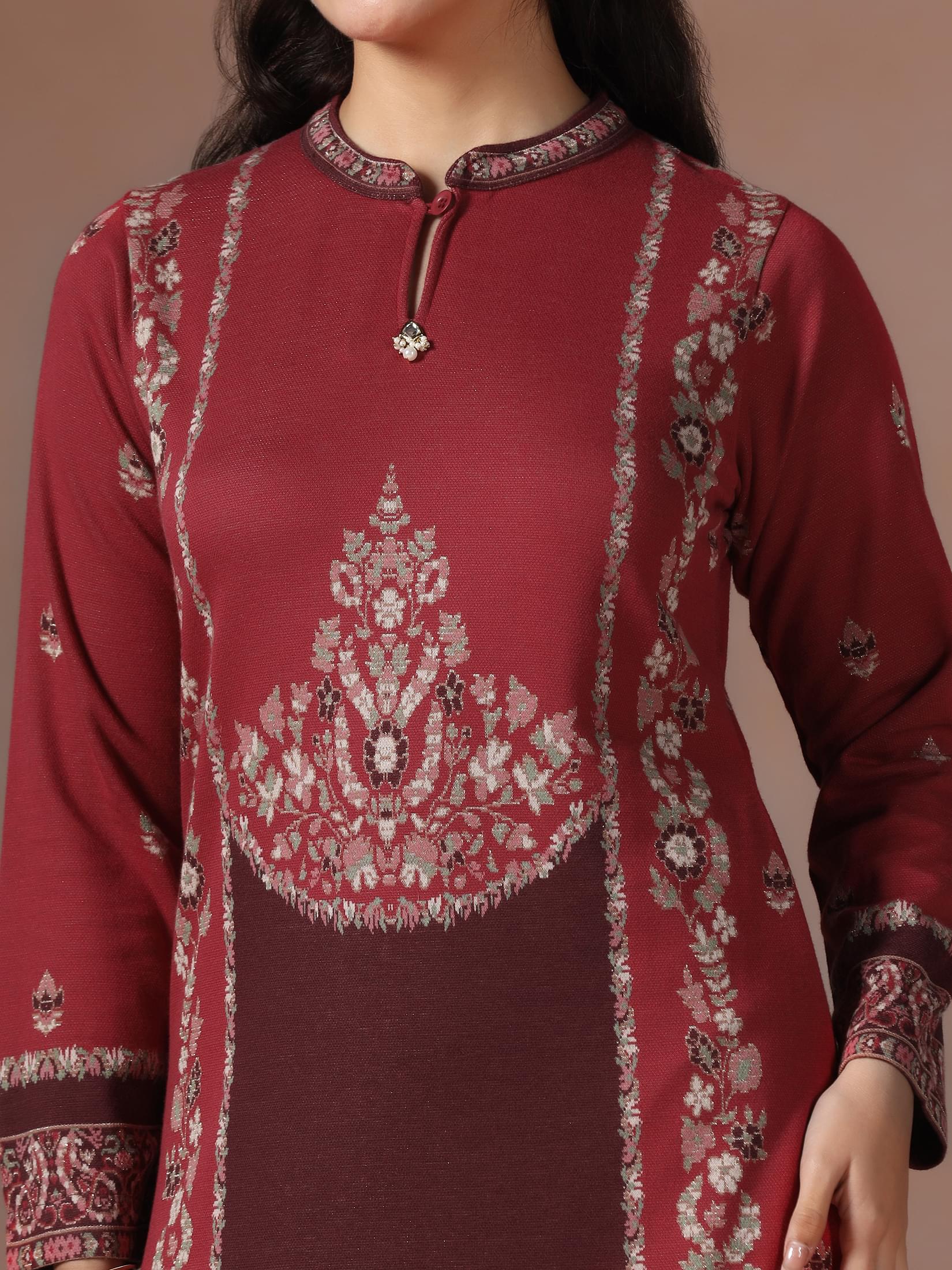 Winter Women Wool Blend Red & Maroon Jacquard Kurta Comfort Pant Dupatta.