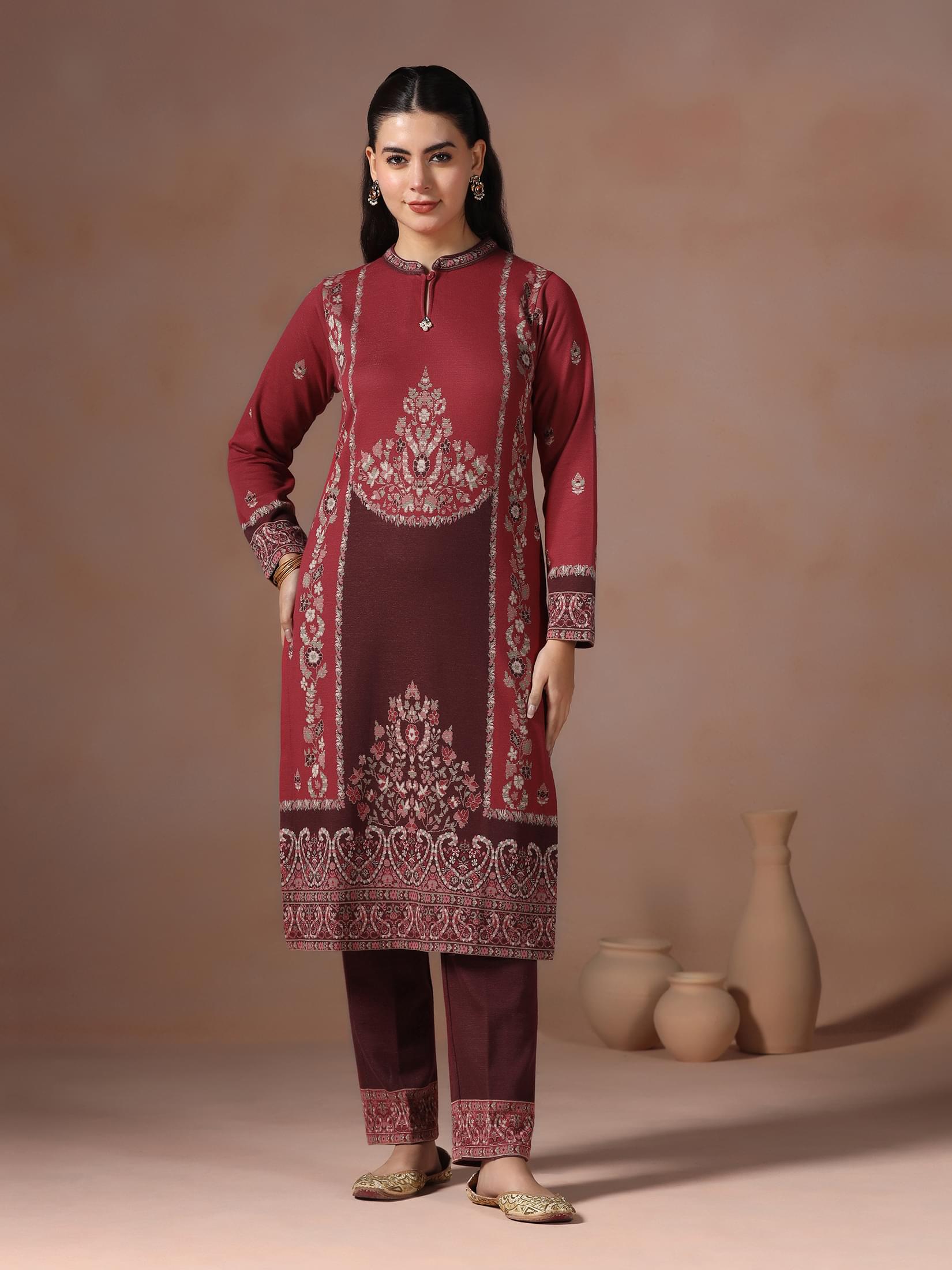Winter Women Wool Blend Red & Maroon Jacquard Kurta Comfort Pant Dupatta.