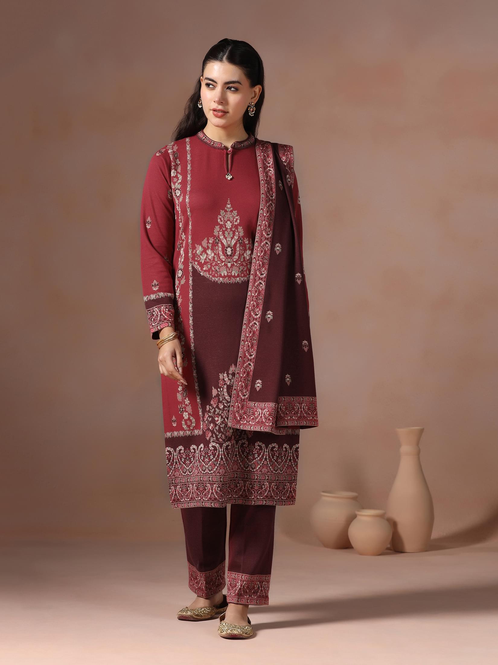 Winter Women Wool Blend Red & Maroon Jacquard Kurta Comfort Pant Dupatta.