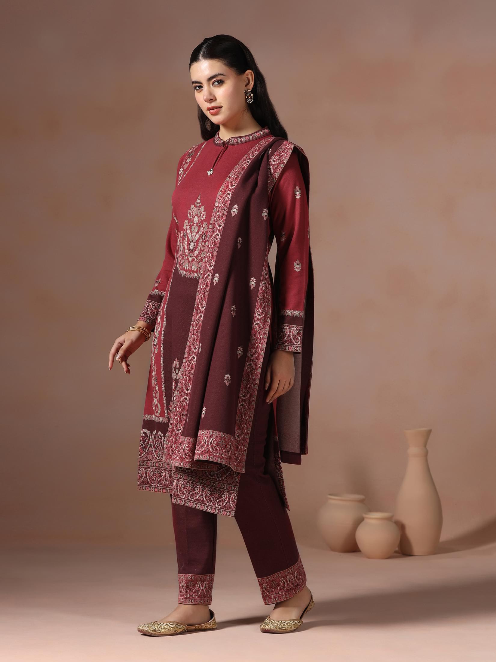 Winter Women Wool Blend Red & Maroon Jacquard Kurta Comfort Pant Dupatta.
