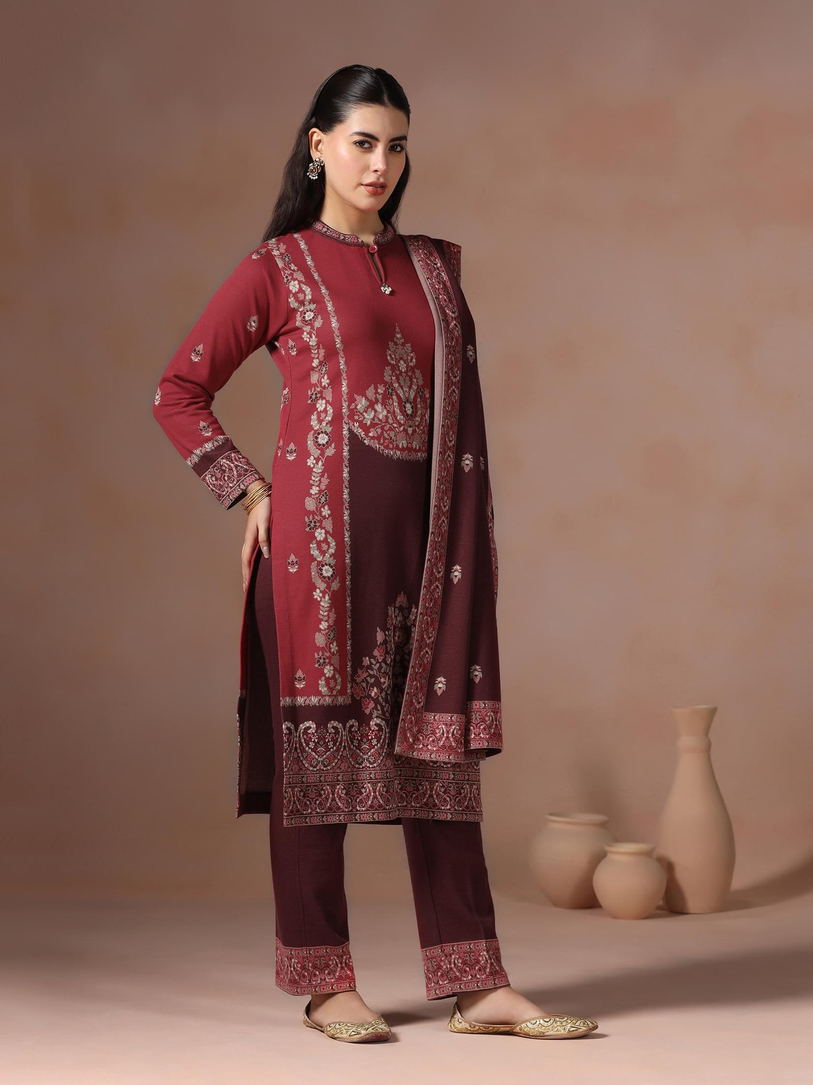 Winter Women Wool Blend Red & Maroon Jacquard Kurta Comfort Pant Dupatta.