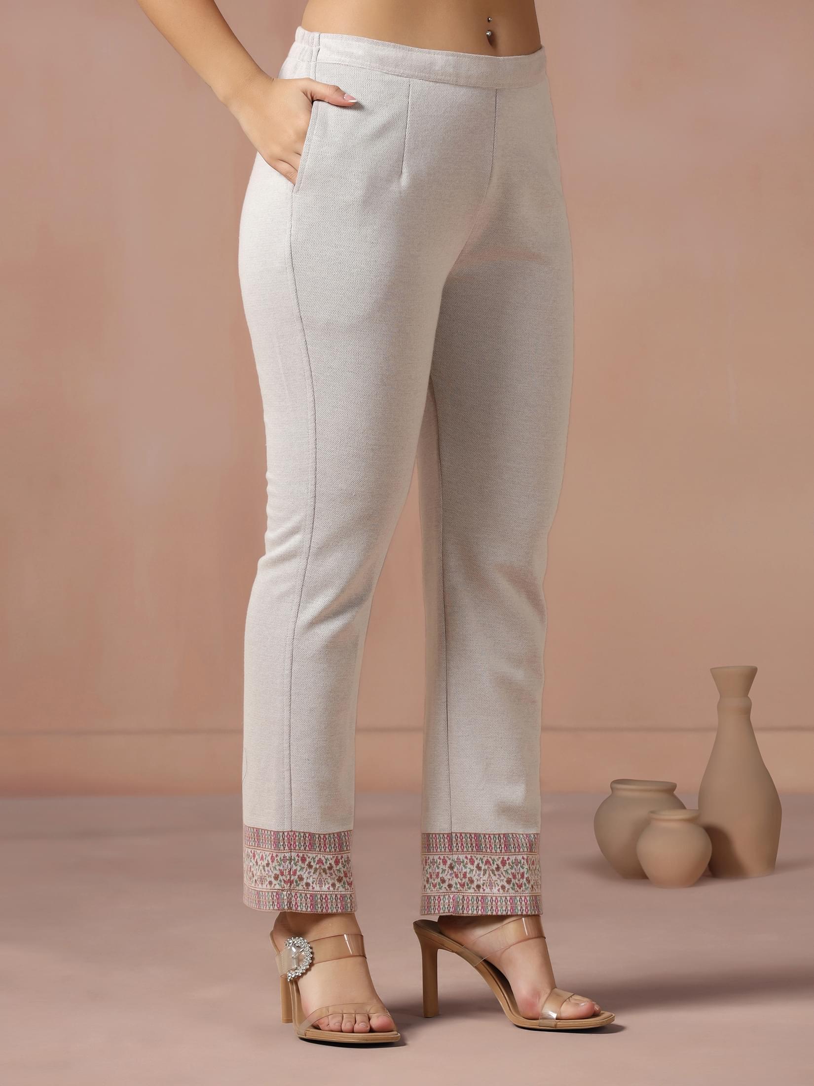 Winter Women Wool Blend Off White Jacquard Kurta Comfort Pant Dupatta.