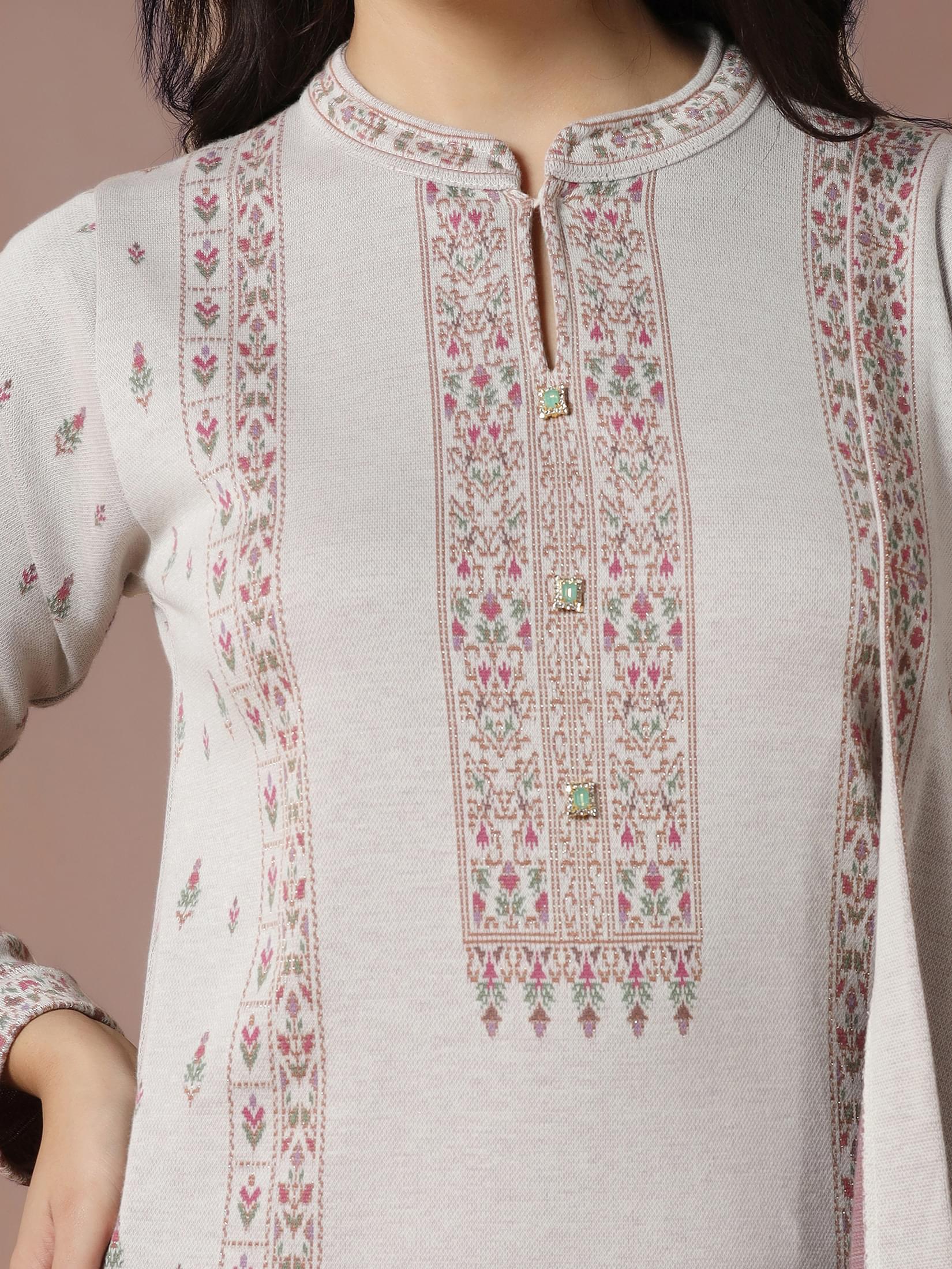 Winter Women Wool Blend Off White Jacquard Kurta Comfort Pant Dupatta.