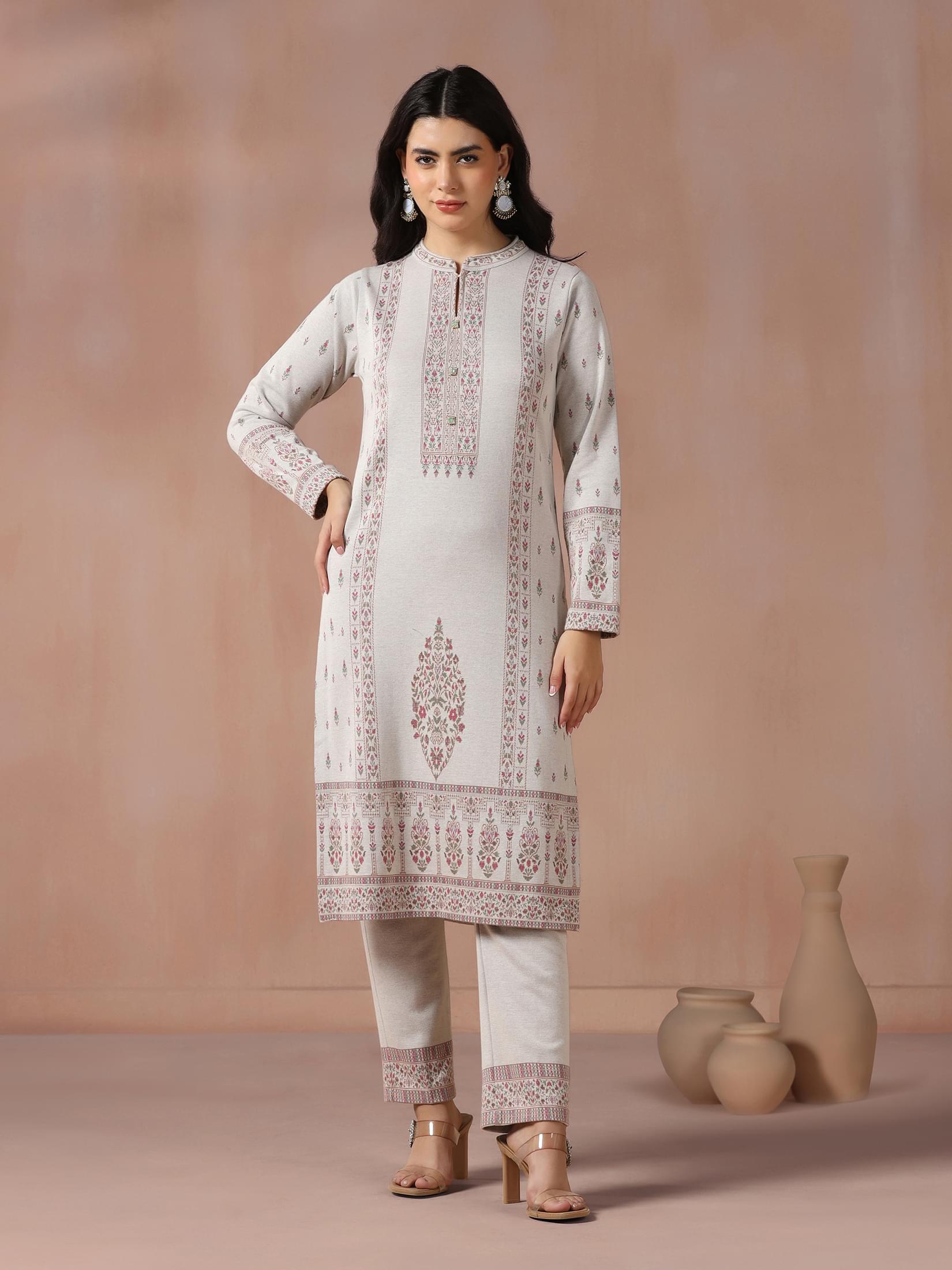 Winter Women Wool Blend Off White Jacquard Kurta Comfort Pant Dupatta.