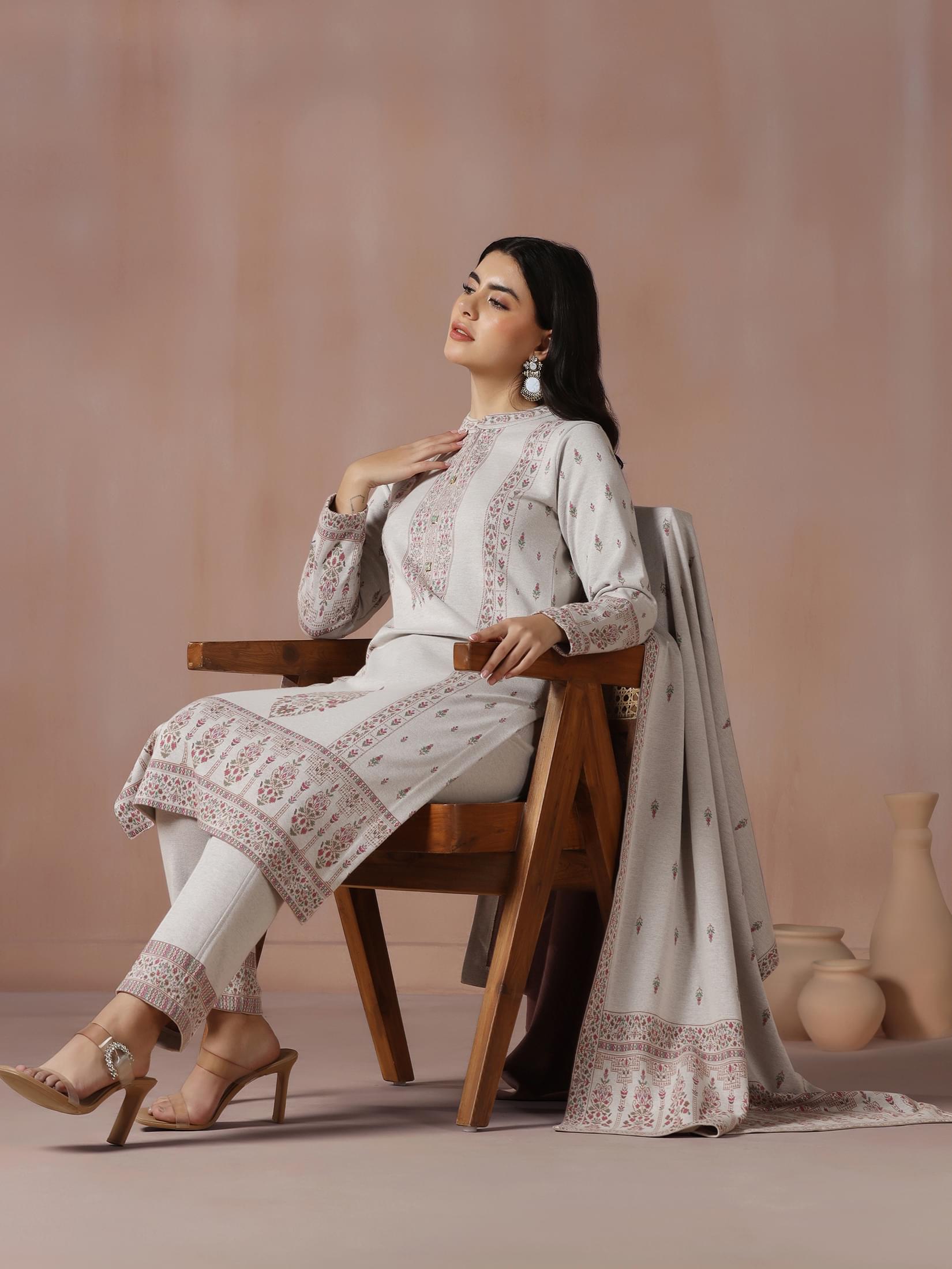 Winter Women Wool Blend Off White Jacquard Kurta Comfort Pant Dupatta.