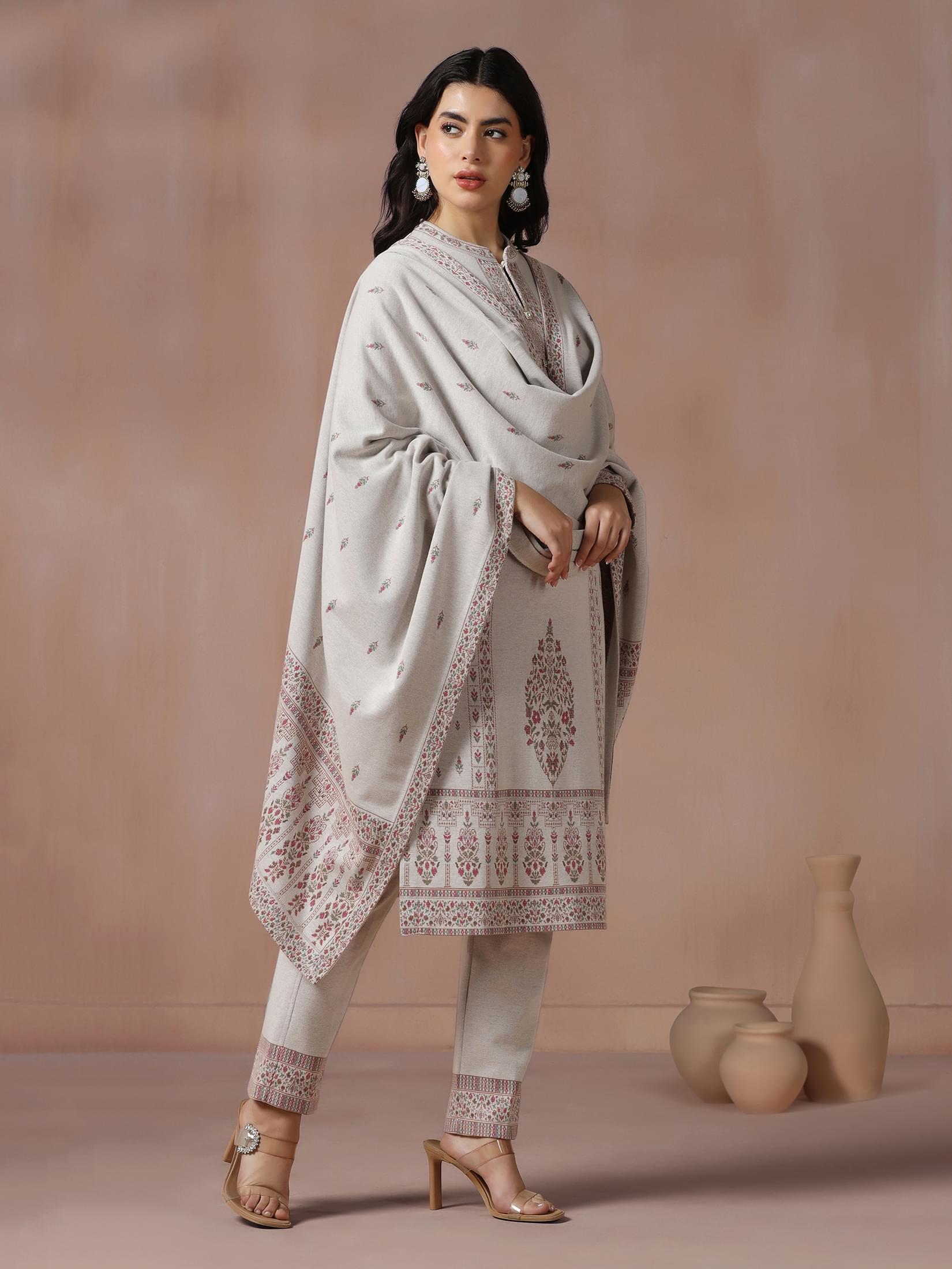 Winter Women Wool Blend Off White Jacquard Kurta Comfort Pant Dupatta.
