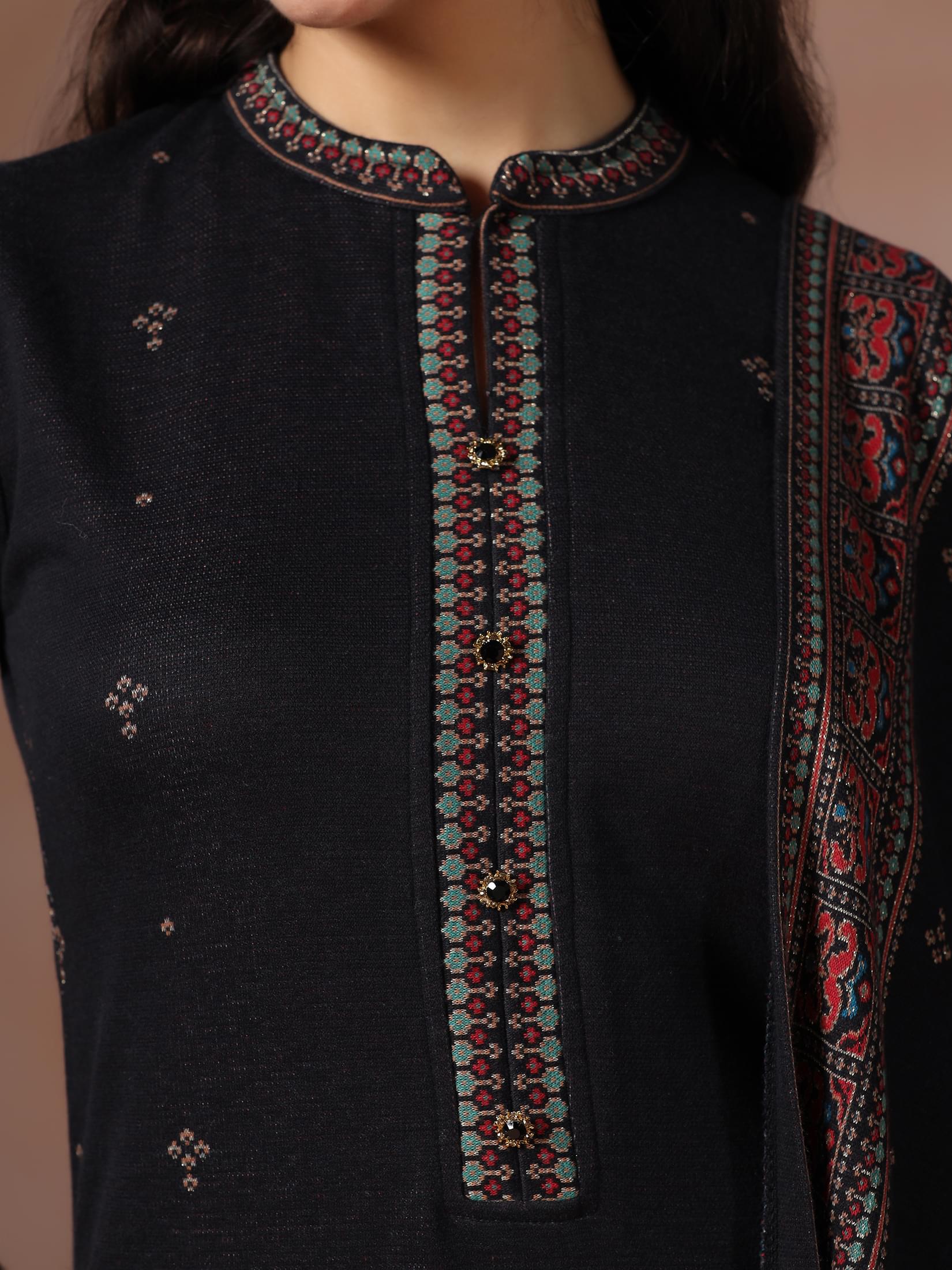 Winter Women Wool Blend Black Jacquard Kurta Comfort Pant With Dupatta.