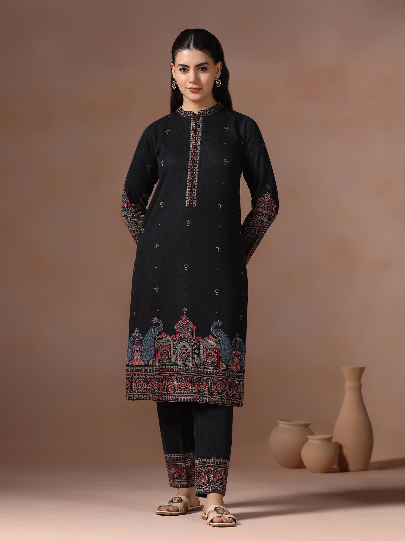 Winter Women Wool Blend Black Jacquard Kurta Comfort Pant With Dupatta.