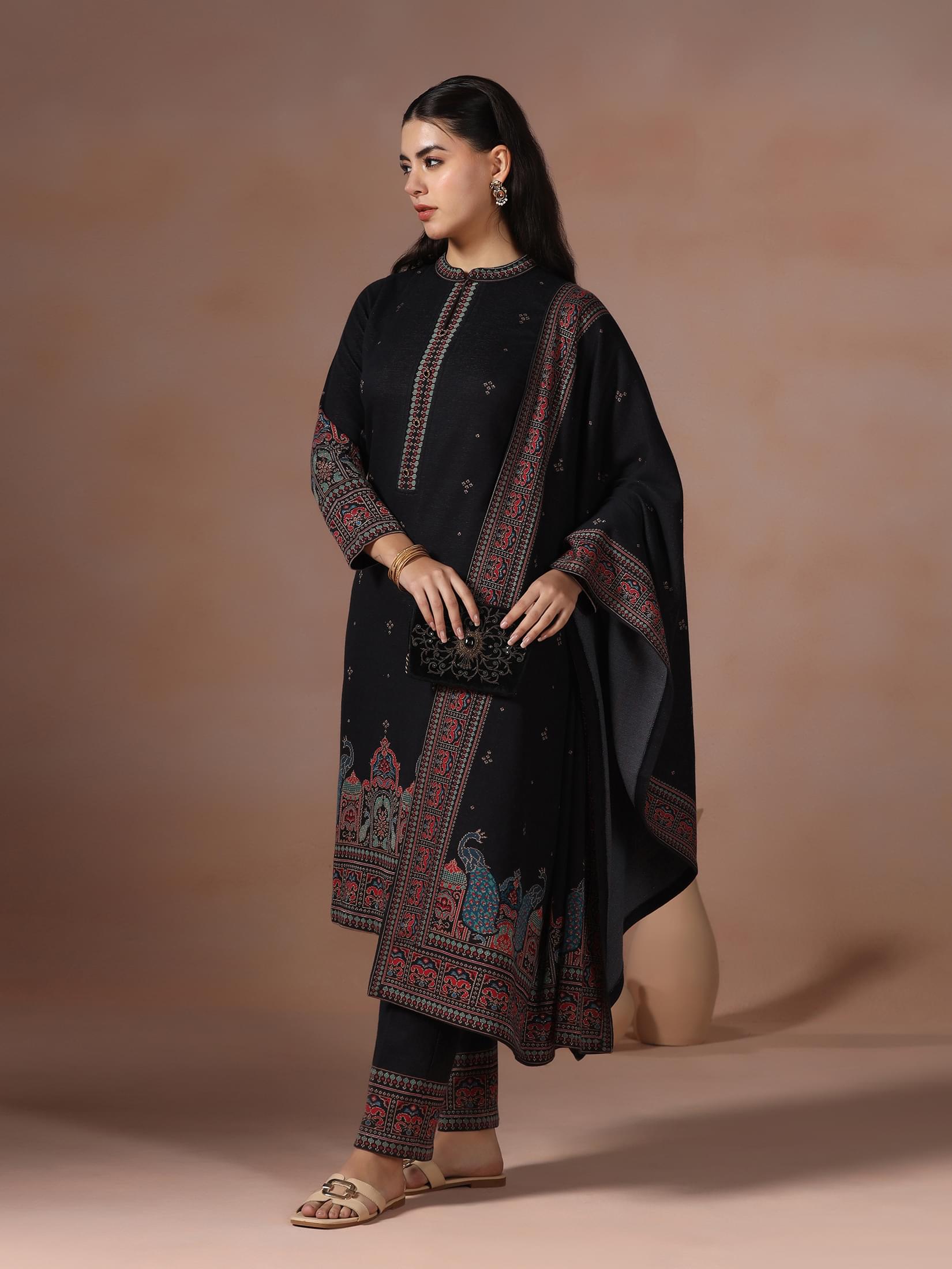 Winter Women Wool Blend Black Jacquard Kurta Comfort Pant With Dupatta.