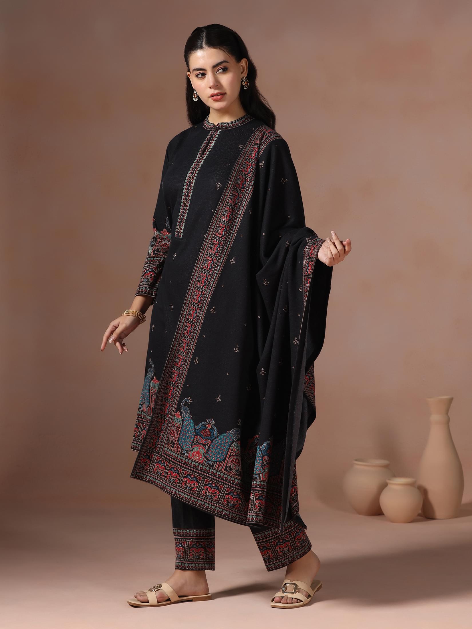 Winter Women Wool Blend Black Jacquard Kurta Comfort Pant With Dupatta.