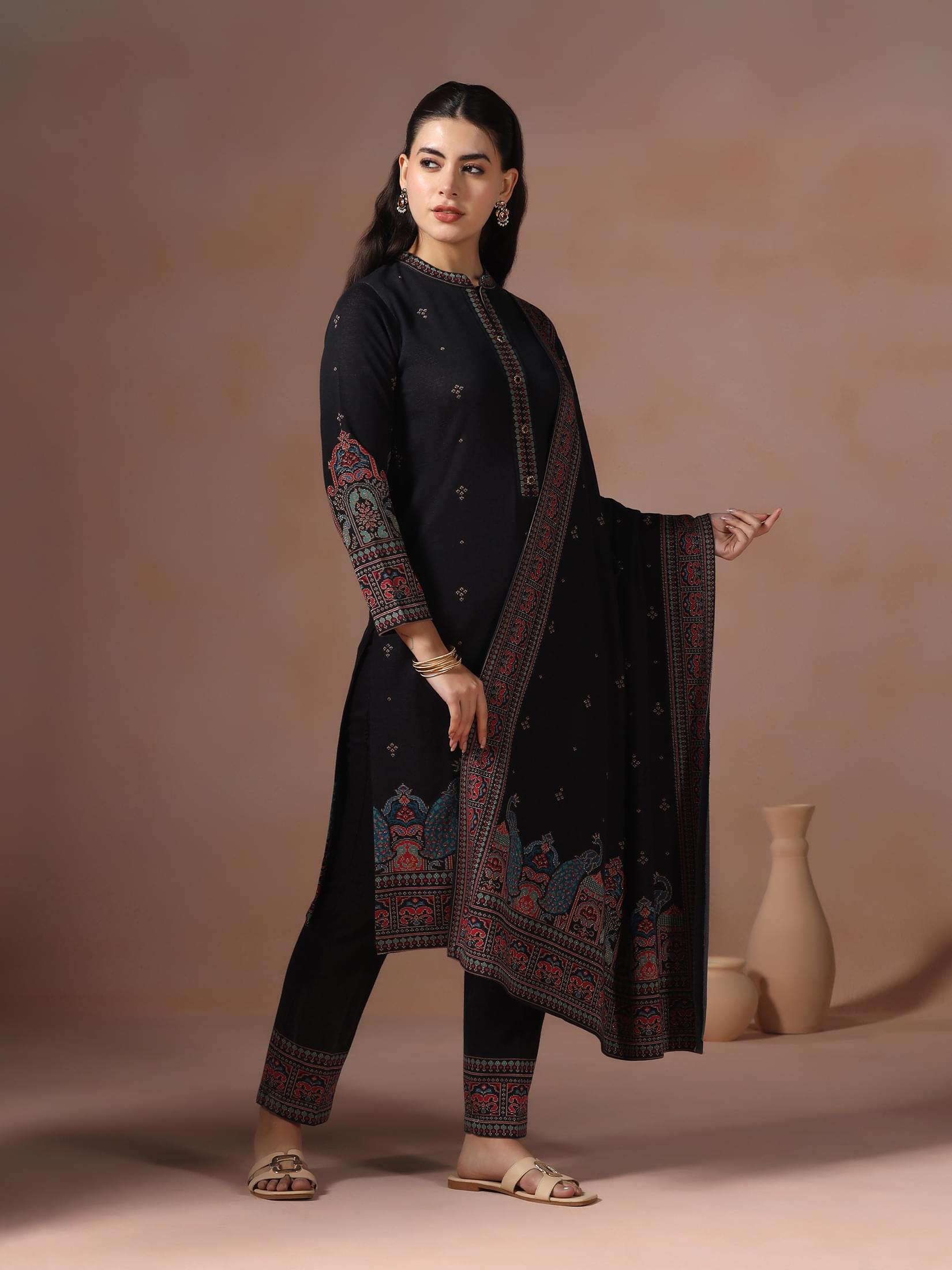 Winter Women Wool Blend Black Jacquard Kurta Comfort Pant With Dupatta.