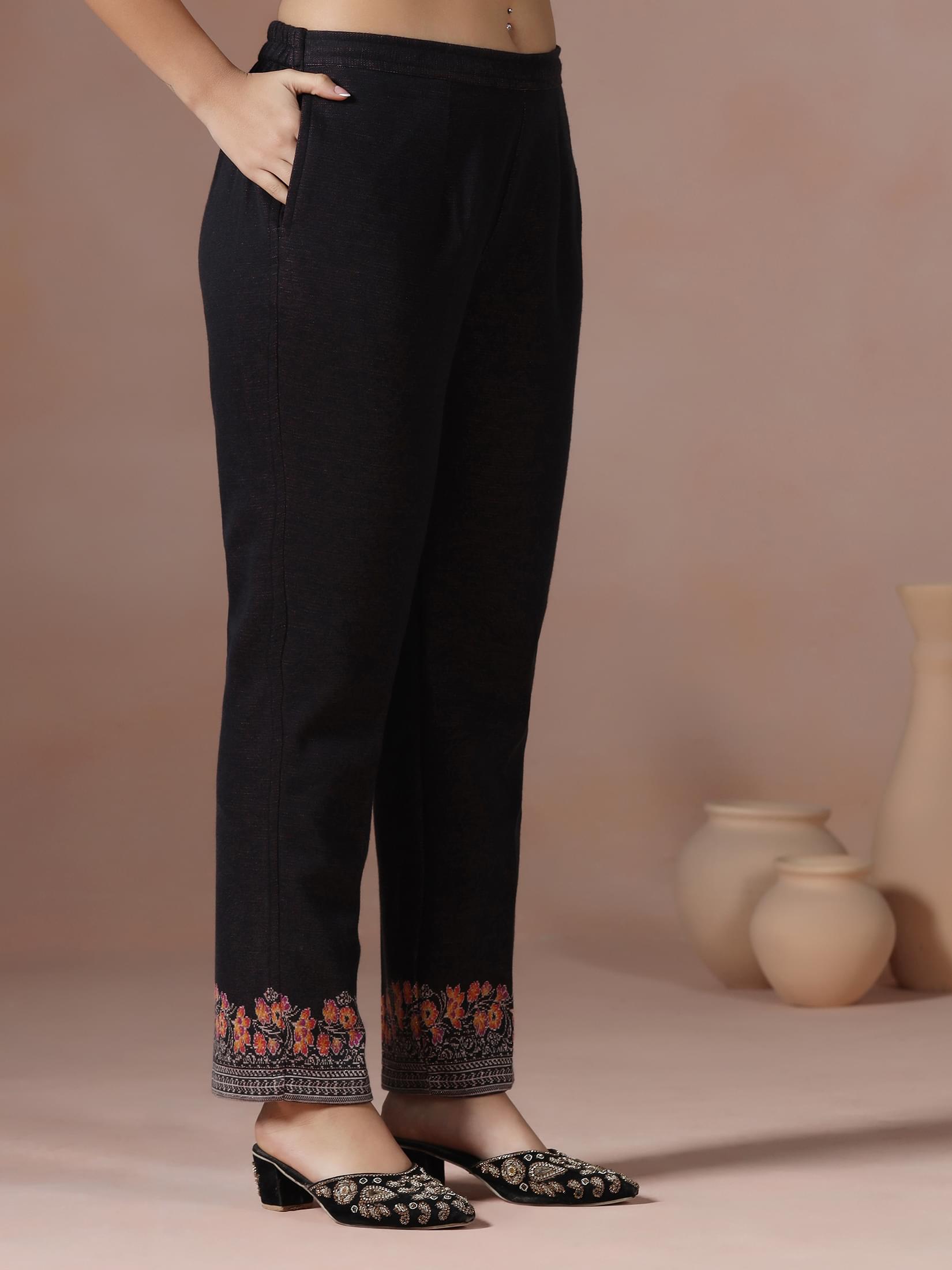 Winter Women Wool Blend Black Jacquard Kurta Comfort Pant Dupatta.