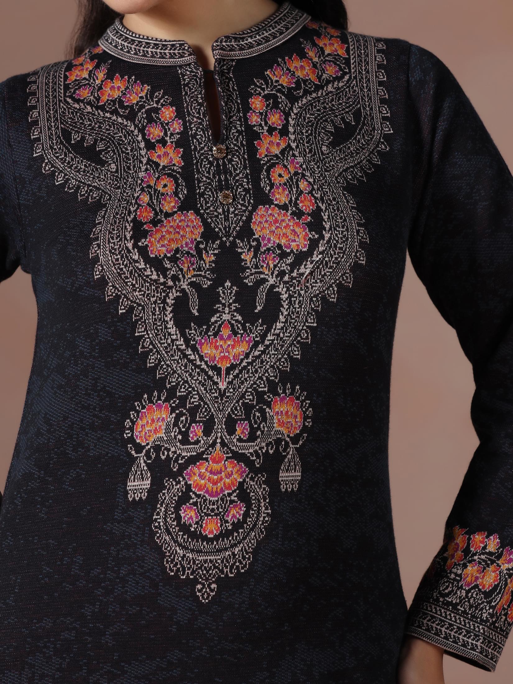 Winter Women Wool Blend Black Jacquard Kurta Comfort Pant Dupatta.