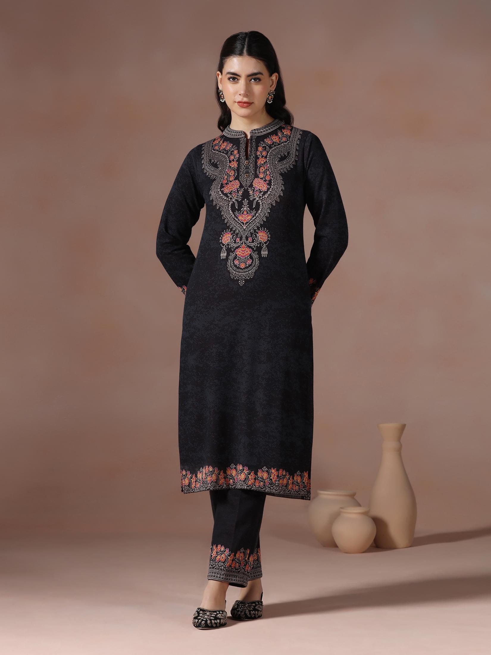 Winter Women Wool Blend Black Jacquard Kurta Comfort Pant Dupatta.